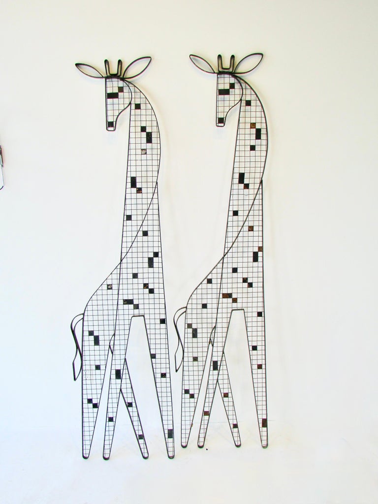 American Large Scale Rare Frederick Weinberg Wrought Iron Giraffe Wall Sculptures For Sale