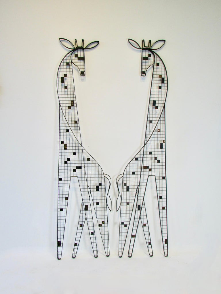 Lacquered Large Scale Rare Frederick Weinberg Wrought Iron Giraffe Wall Sculptures For Sale