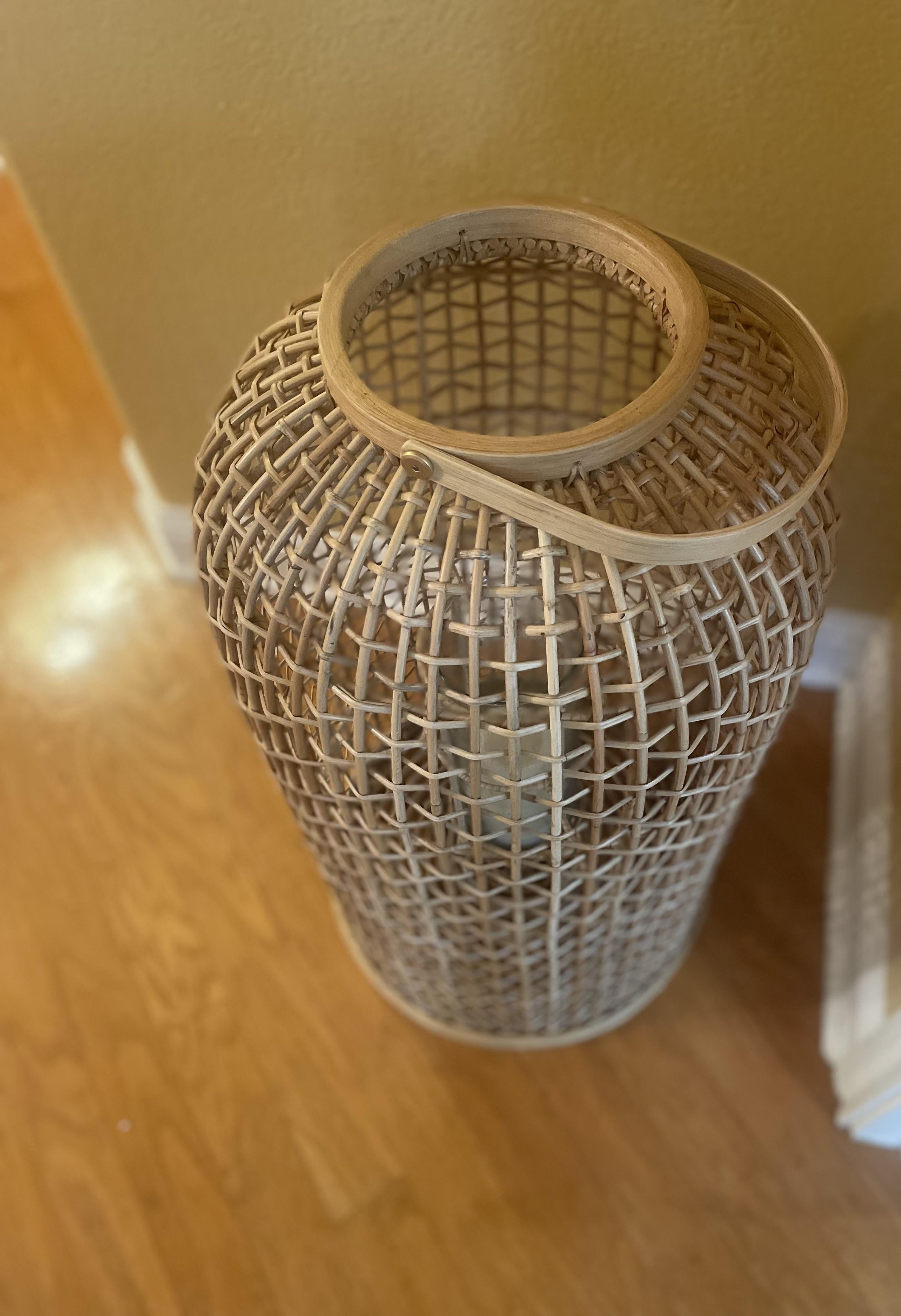 Large-Scale Rattan Floor Lantern with Glass Candle Holder For Sale 4