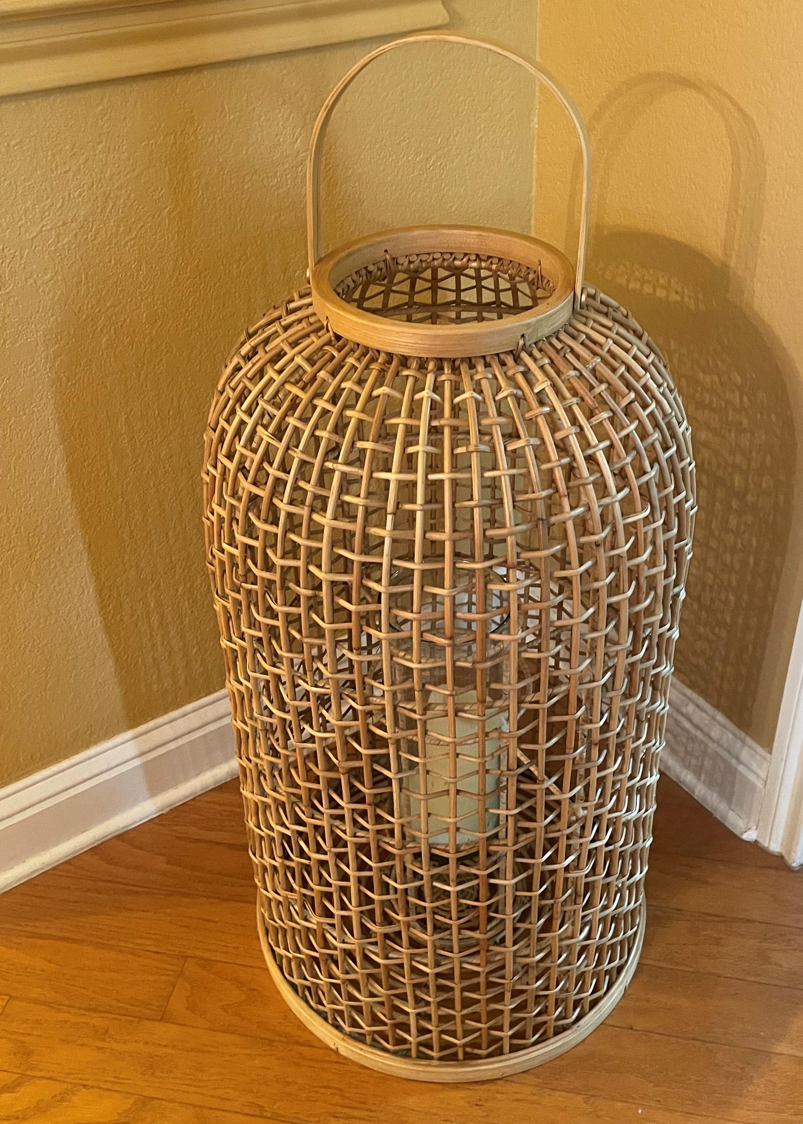 Large-Scale Rattan Floor Lantern with Glass Candle Holder For Sale 6