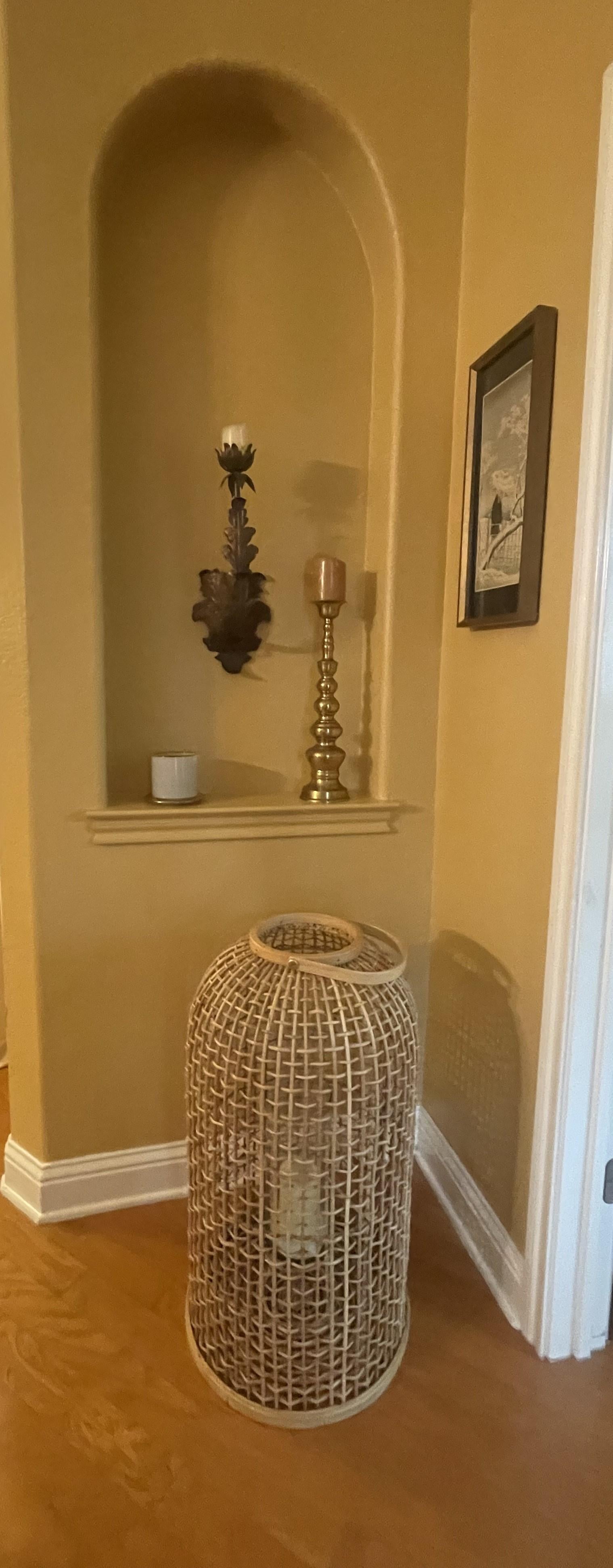 Organic Modern Large-Scale Rattan Floor Lantern with Glass Candle Holder For Sale