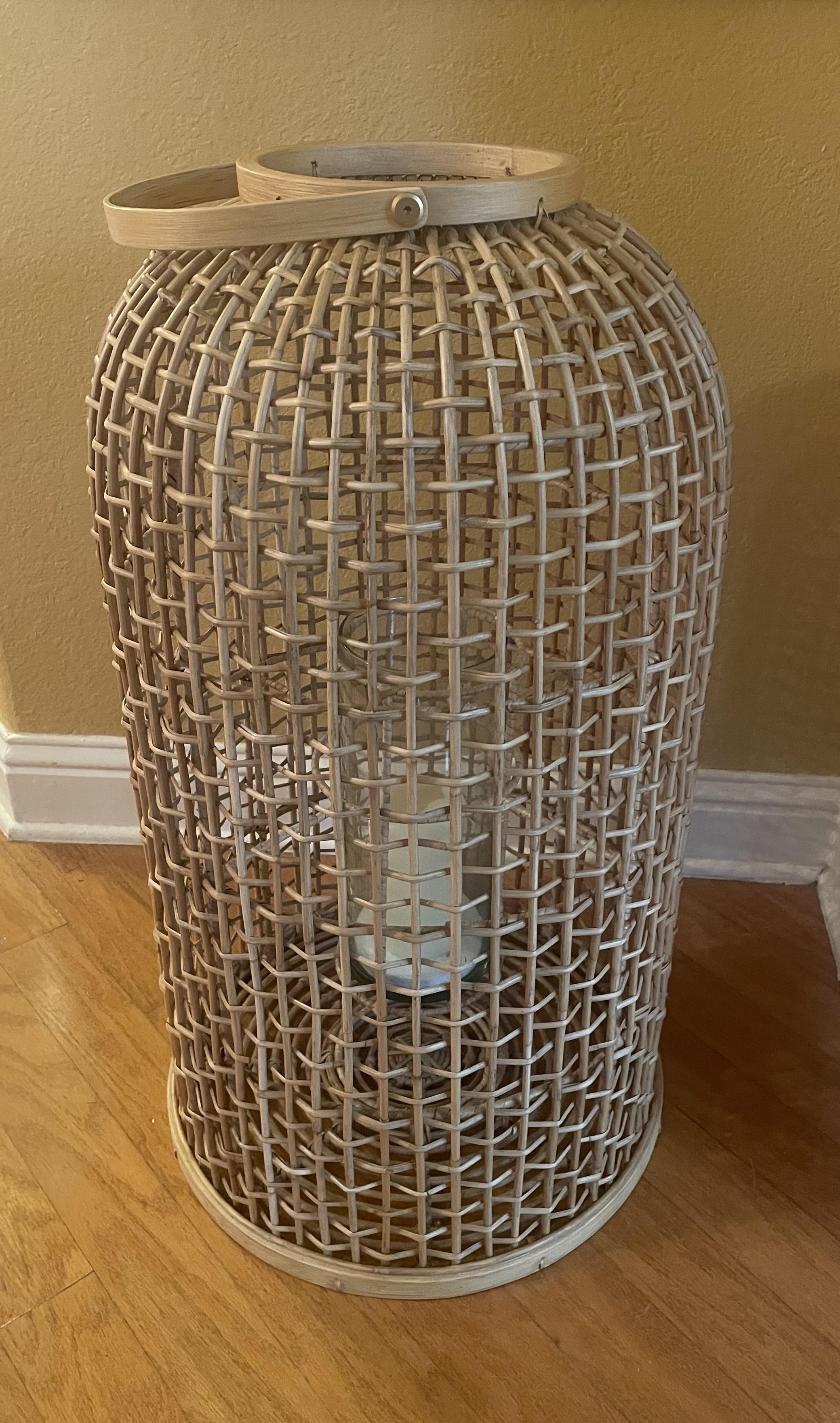 Large-Scale Rattan Floor Lantern with Glass Candle Holder In Excellent Condition For Sale In Austin, TX