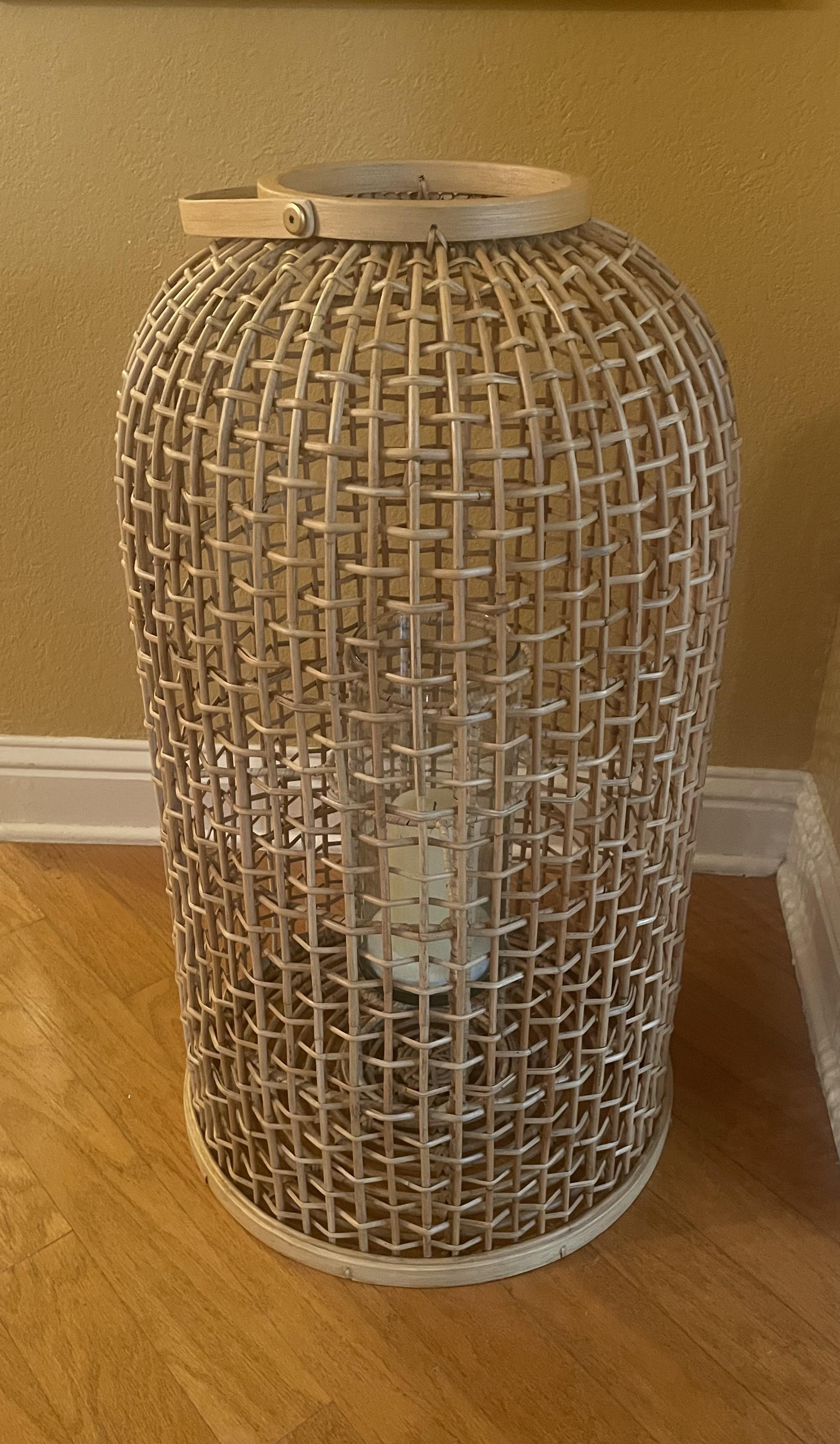 20th Century Large-Scale Rattan Floor Lantern with Glass Candle Holder For Sale