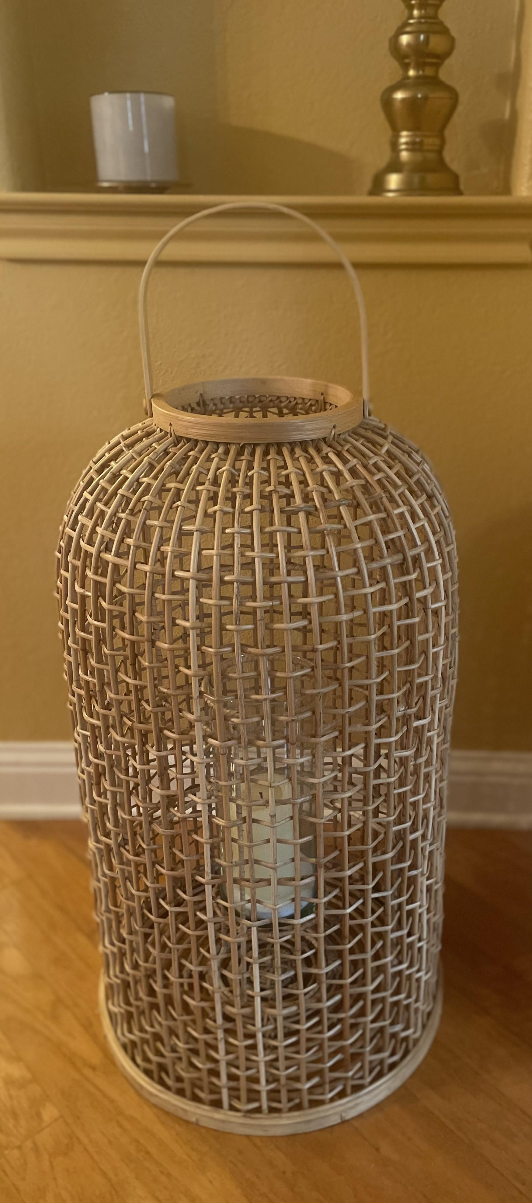 Large-Scale Rattan Floor Lantern with Glass Candle Holder For Sale 2