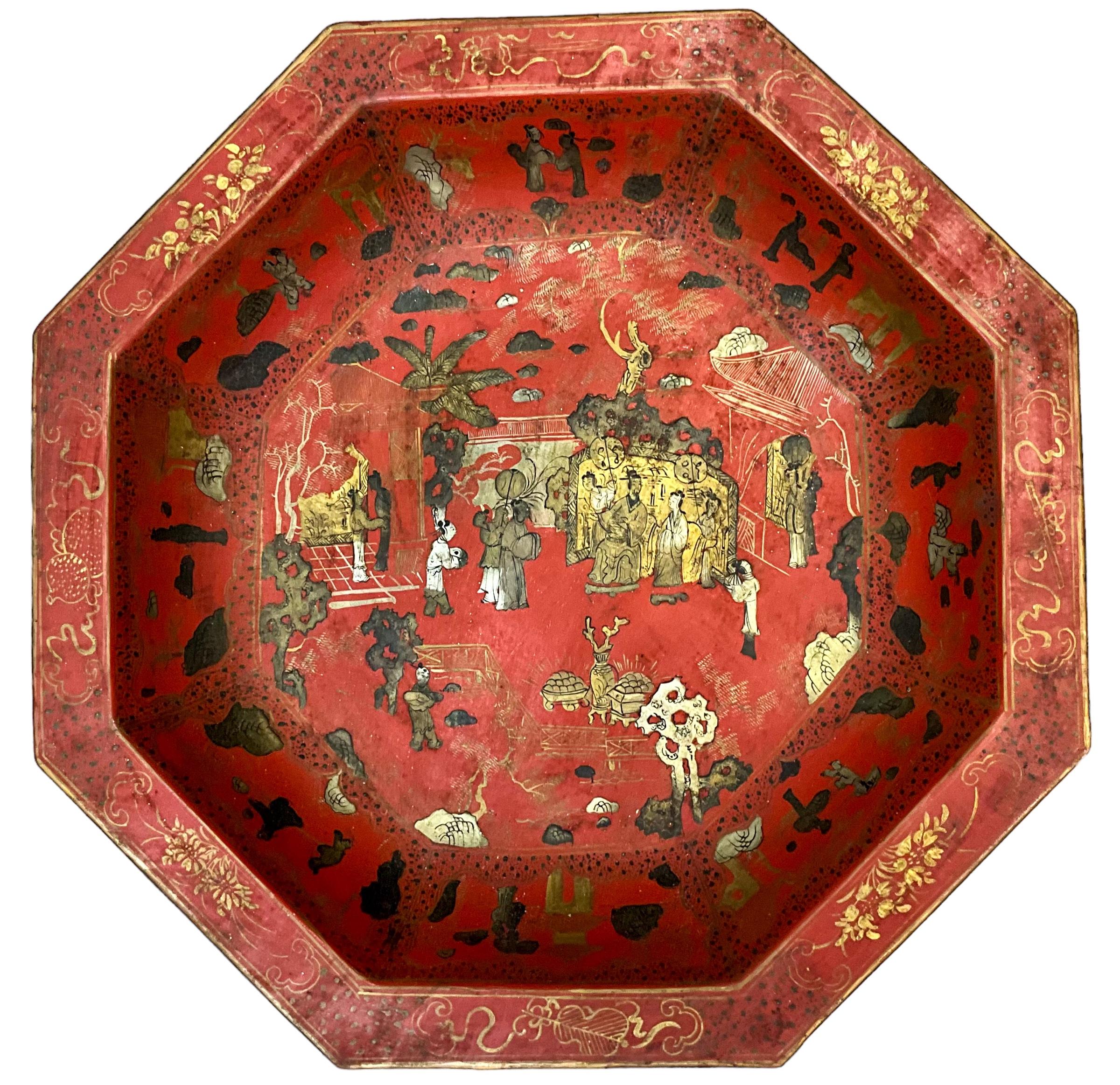 Large Scale Red Chinese Export Style Chinoiserie Pottery Platter / Bowl In Good Condition In Kennesaw, GA