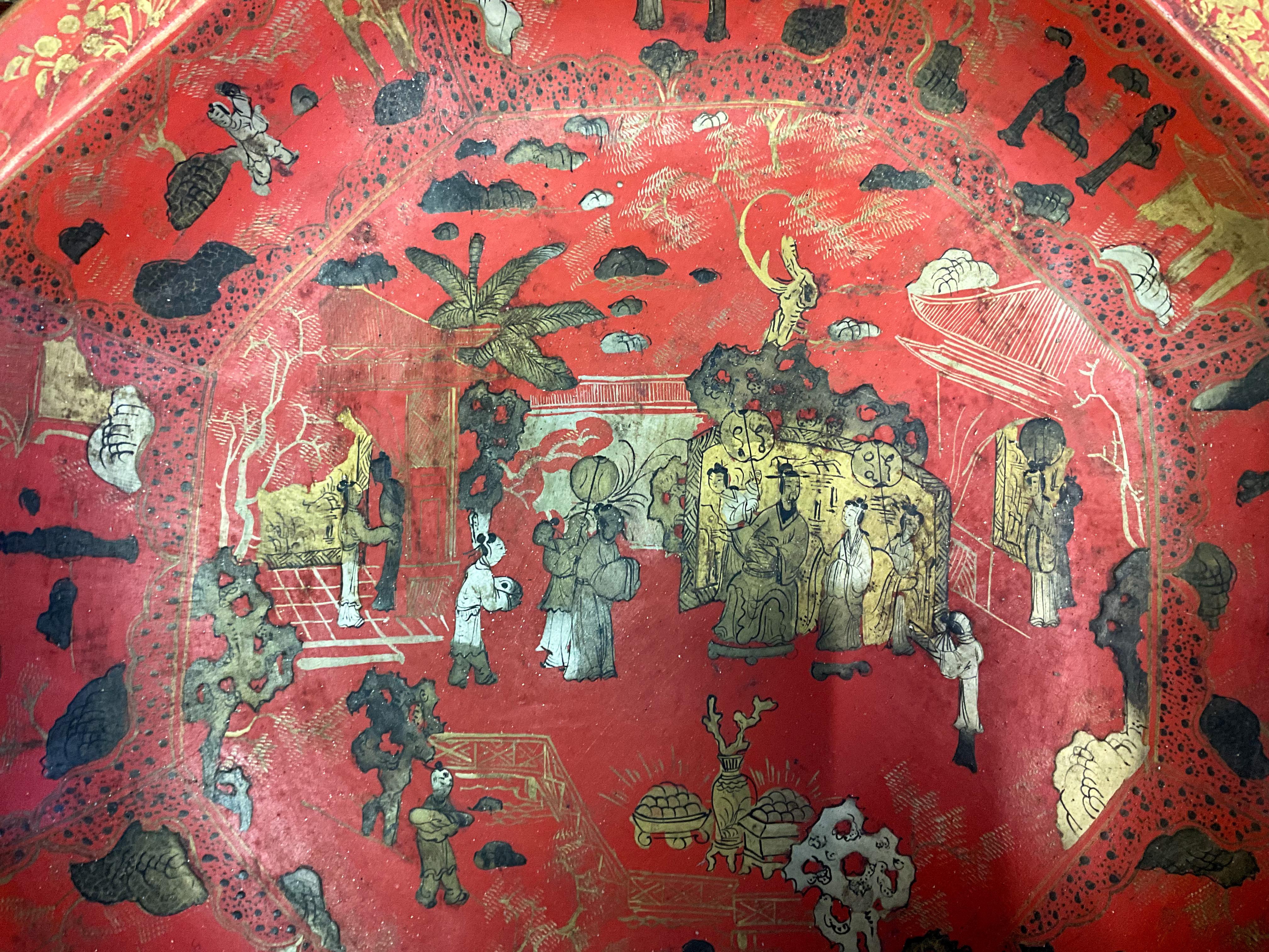 20th Century Large Scale Red Chinese Export Style Chinoiserie Pottery Platter / Bowl