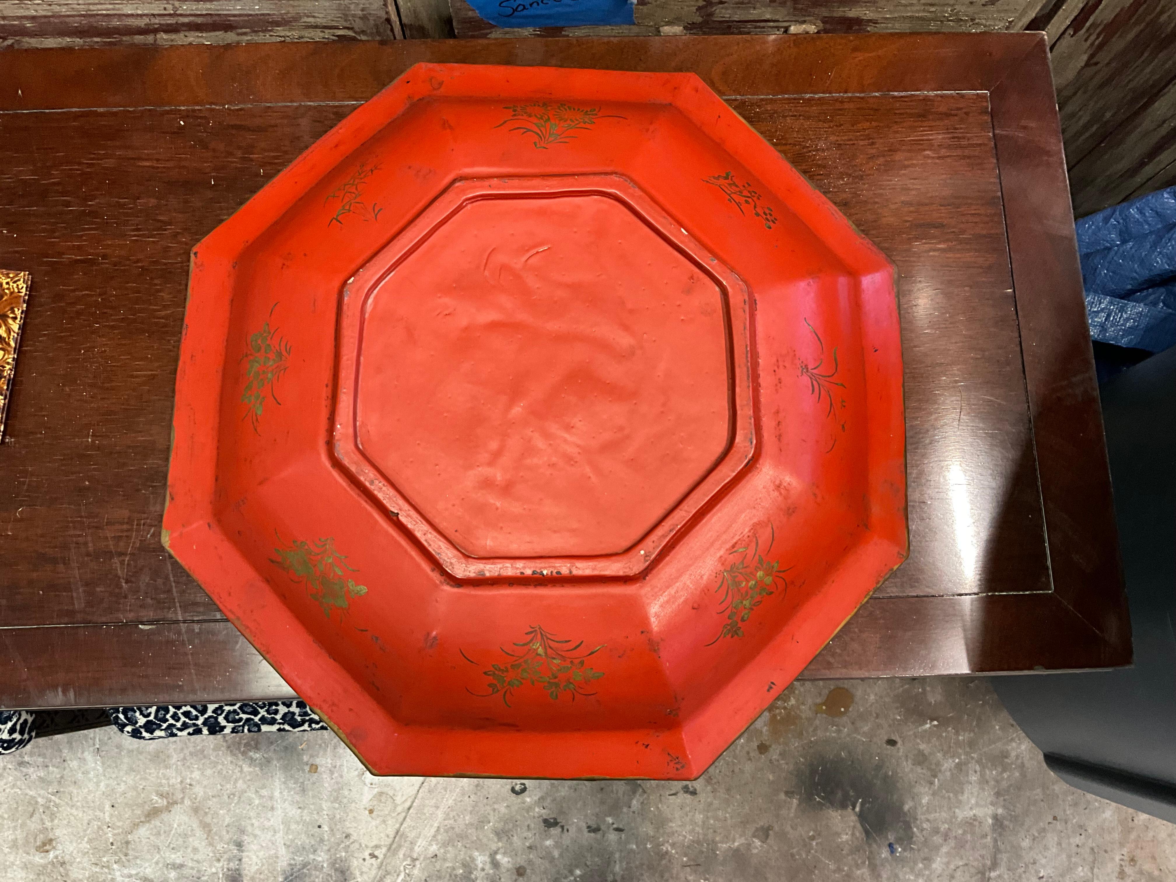Large Scale Red Chinese Export Style Chinoiserie Pottery Platter / Bowl 3