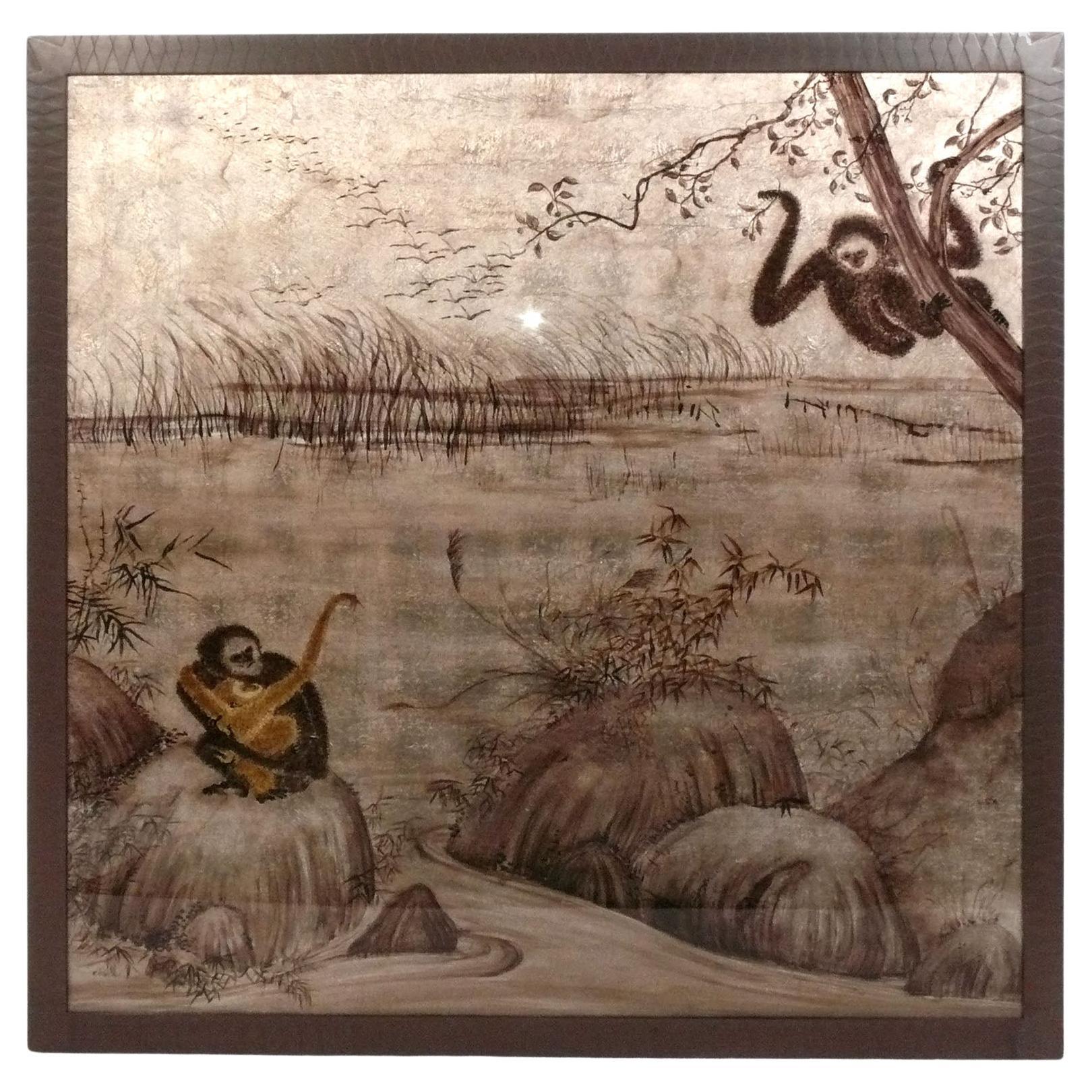Large Scale Reverse Glass Chinoiserie Painting by Miriam Ellner 51” x 51” For Sale