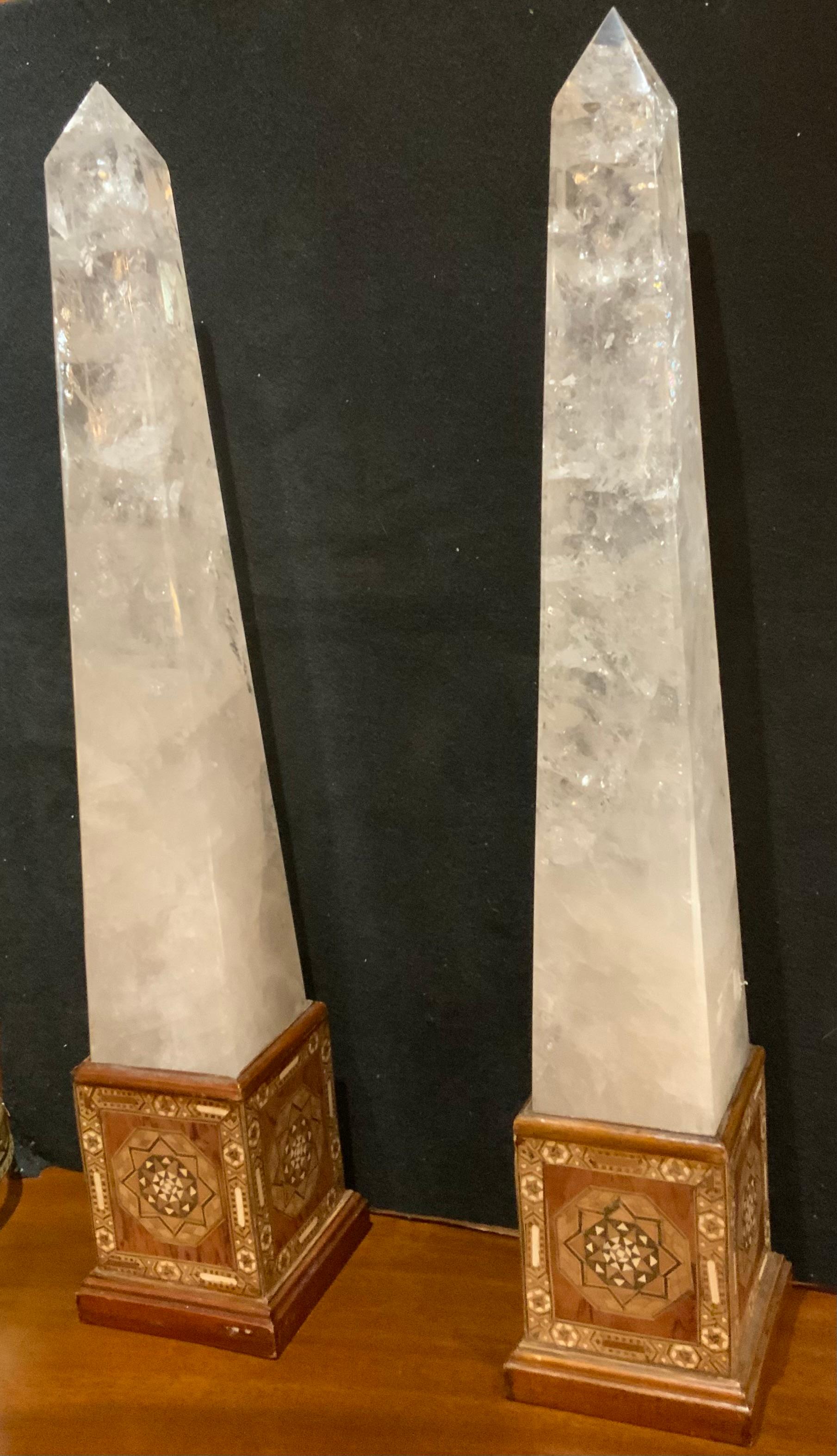 Spanish Large scale Rock Crystal Obelisks on inlaid bases For Sale