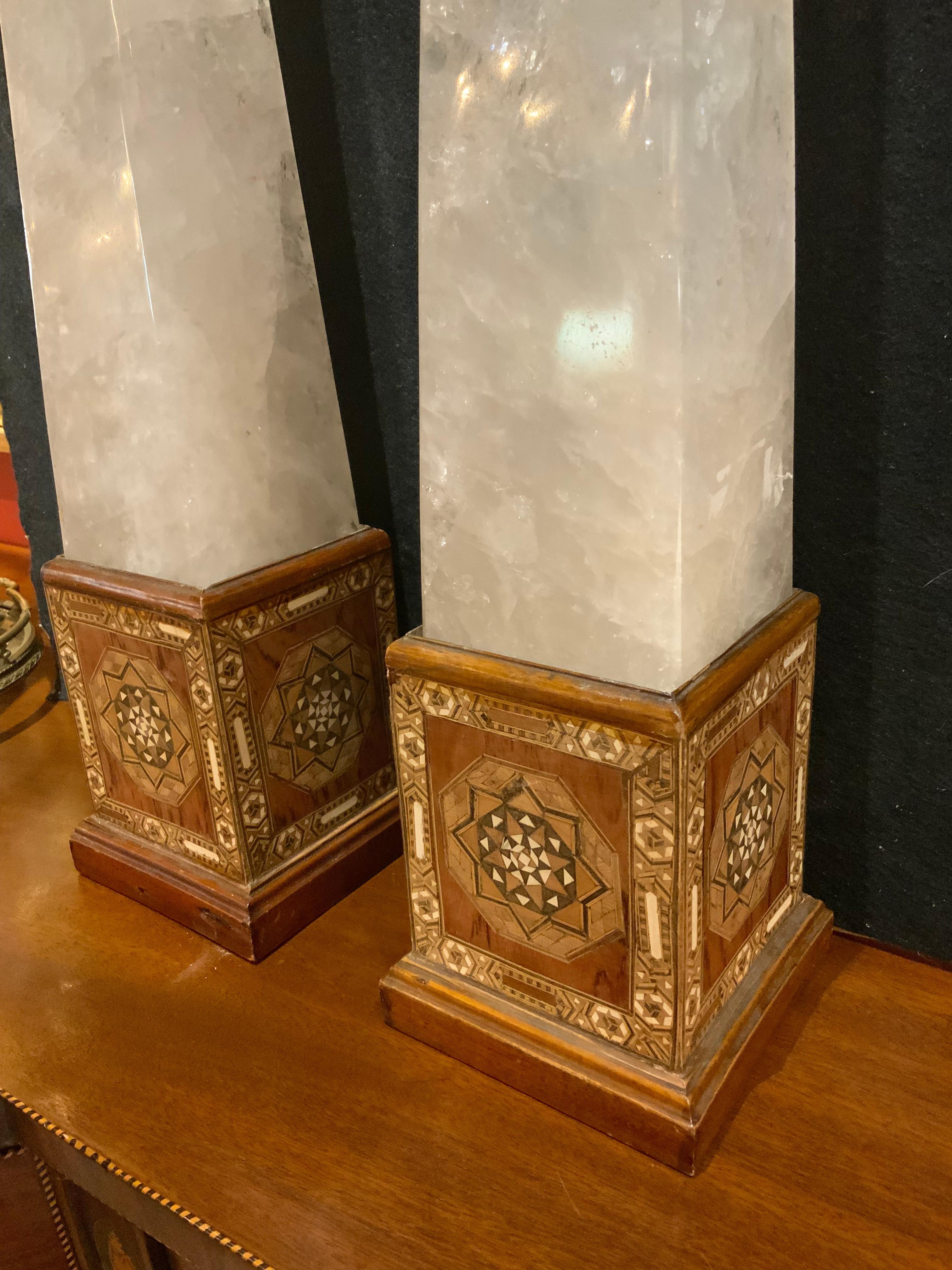 20th Century Large scale Rock Crystal Obelisks on inlaid bases For Sale