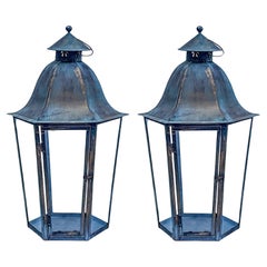 Large Scale Rustic Primitive Faux Copper Patinated Metal Tole Lanterns - Pair