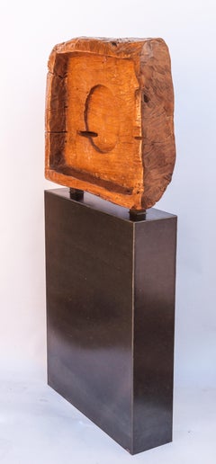 Large Scale Sculpture Old Teak Grinding Wheel Support on Contemporary Metal Base