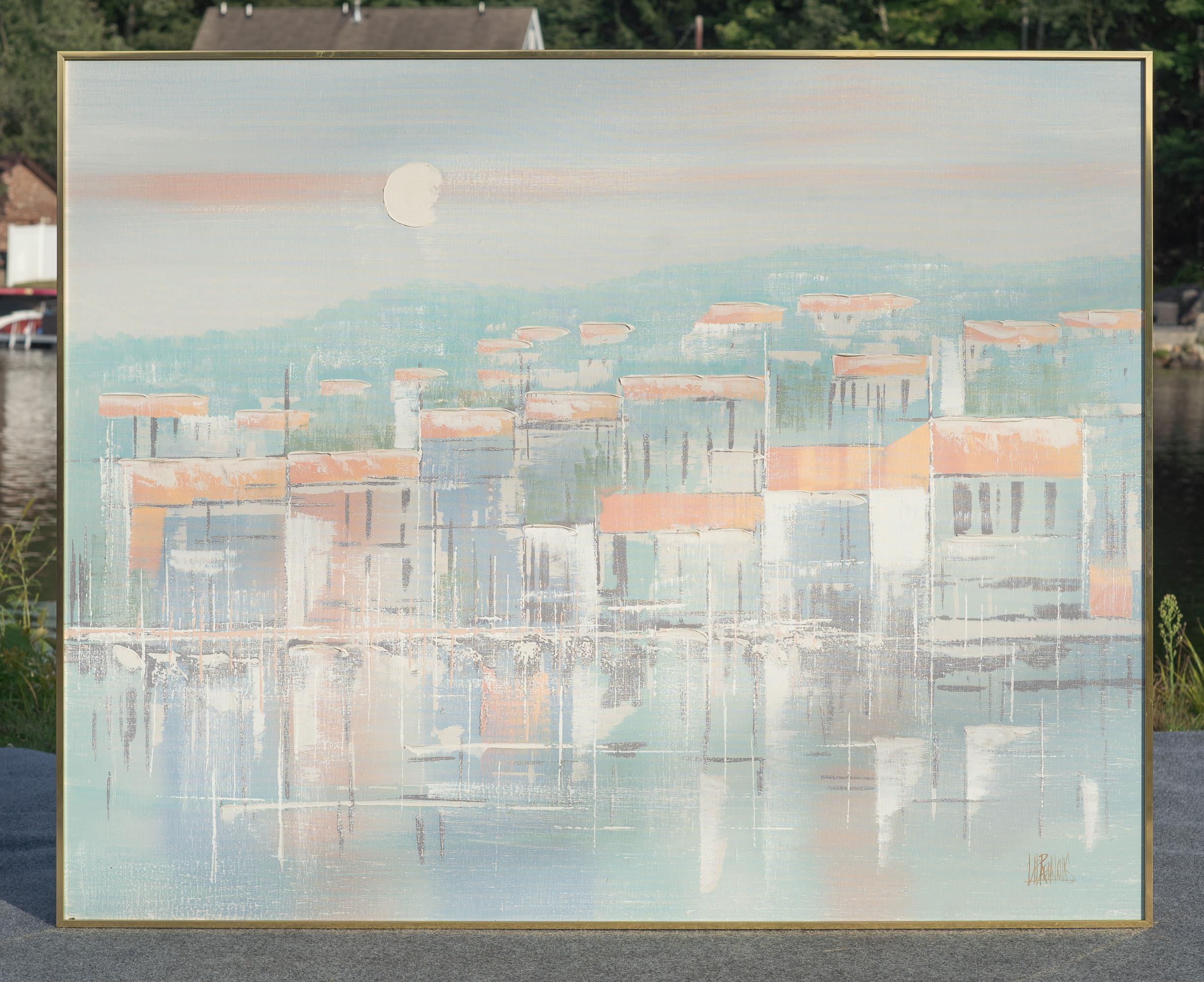 Une très grande et super cool peinture abstraite à l'huile sur toile des années 1960 signée par Lee Reynolds. Les couleurs sont le blanc, le bleu et le rose avec des touches de vert et de sarcelle. 49