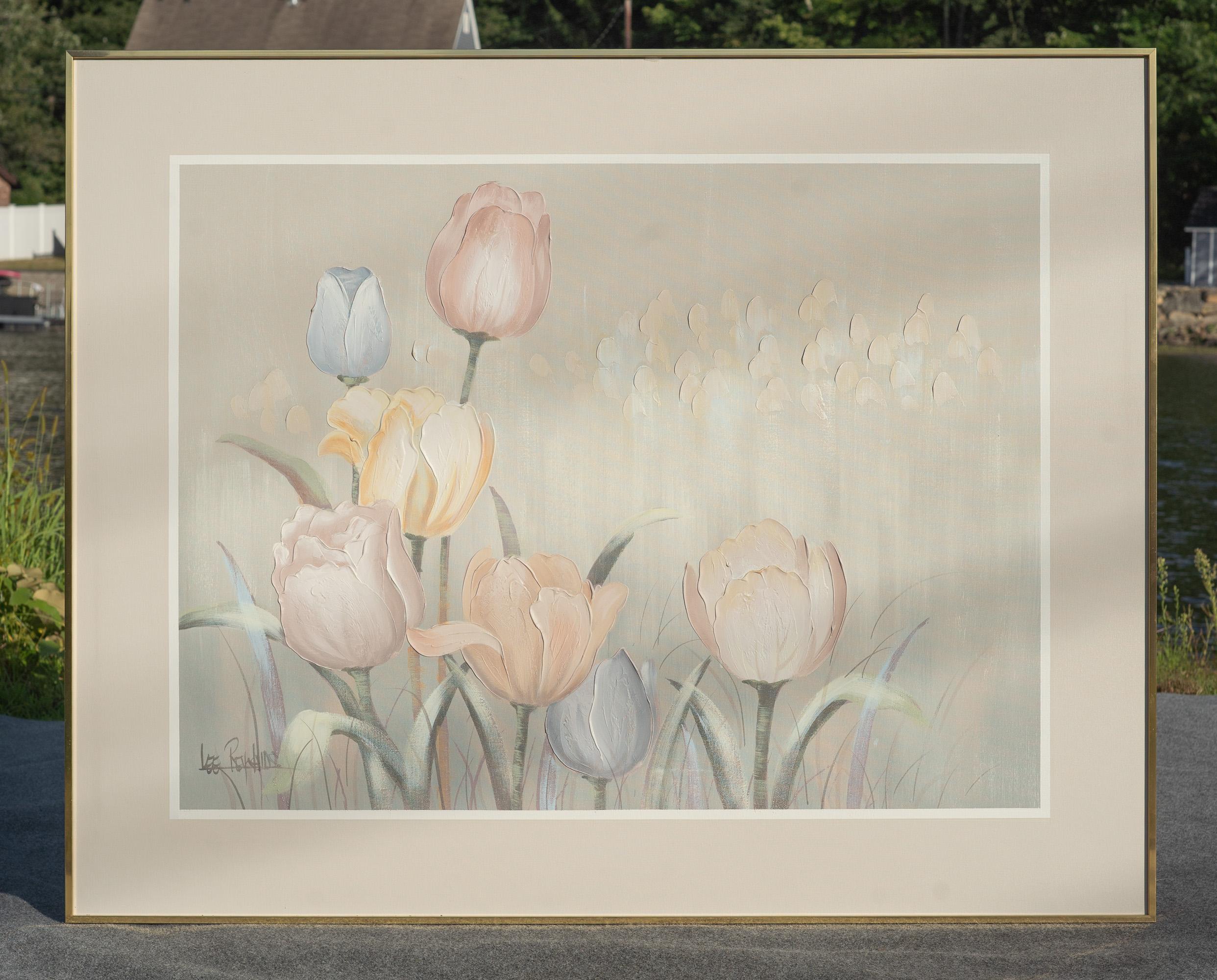 Eine sehr große und super cool, 1960er Jahre, Öl auf Leinwand abstrakte Malerei von Lee Reynolds unterzeichnet. Die Farben sind gebrochenes Weiß, Blau, Rosa und Gelb mit einem Hauch von Grün und Teal. 49