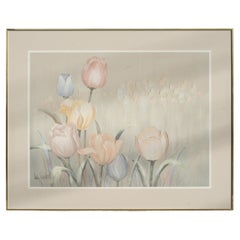 Pittura ad olio di grandi dimensioni firmata Lee Reynolds Lilies Mid-Century Modern 1960s