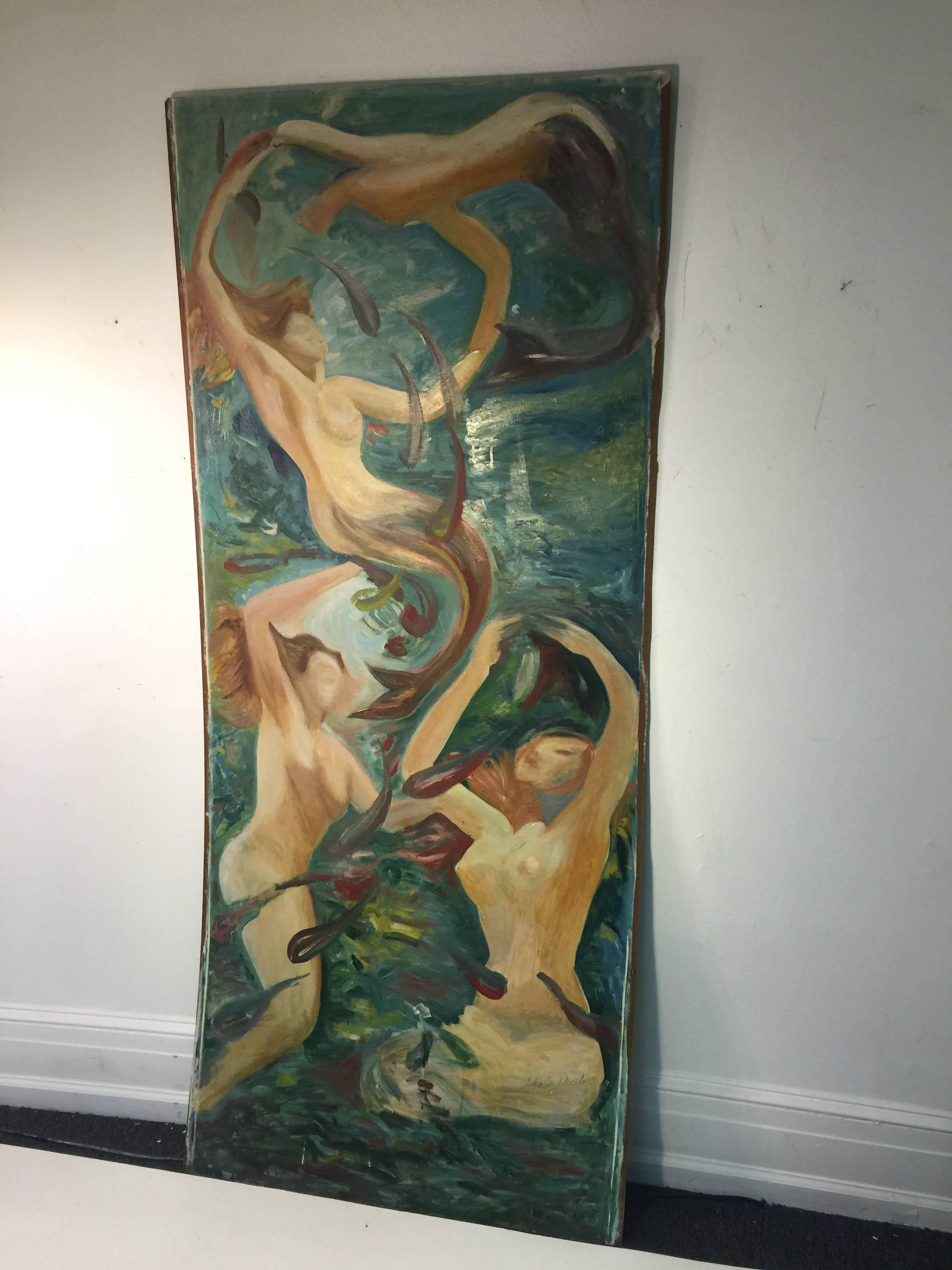 Oil painting on Masonite of Mermaids swimming amongst fish painted by John Dasho. Painted in the 1950s-1960s.