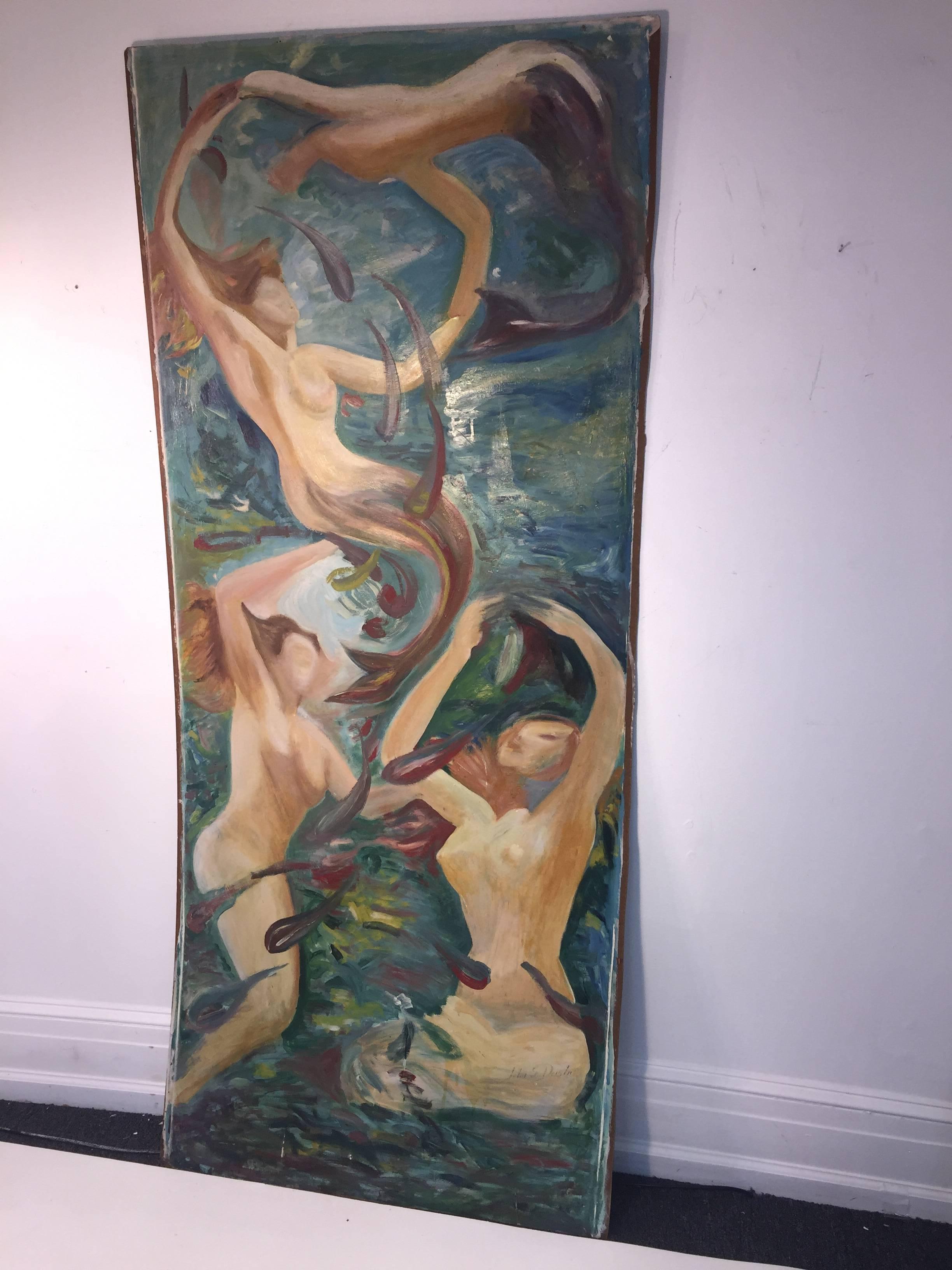 Mid-Century Modern Large Scale Signed Midcentury Mermaids Painting For Sale