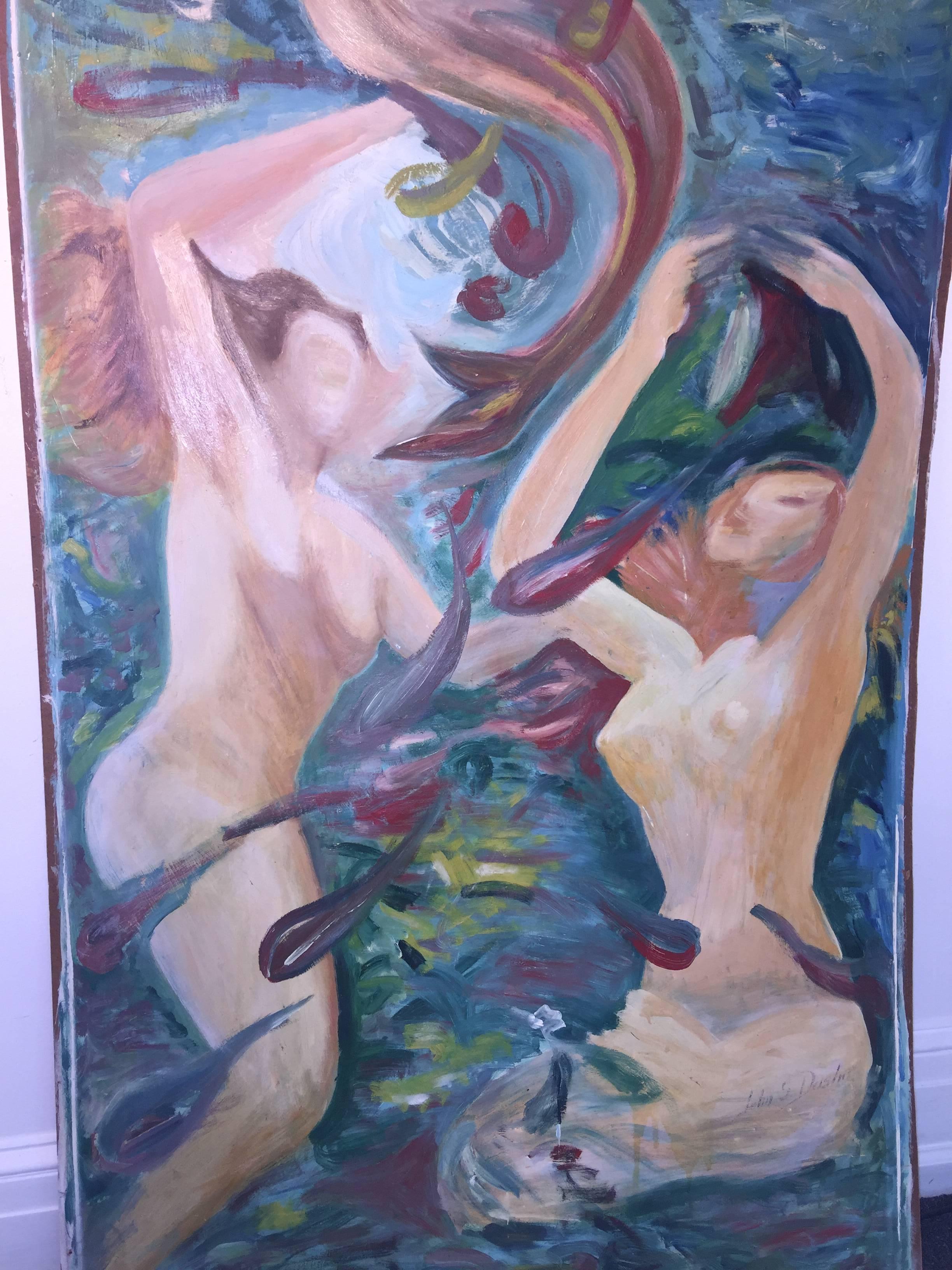 American Large Scale Signed Midcentury Mermaids Painting For Sale