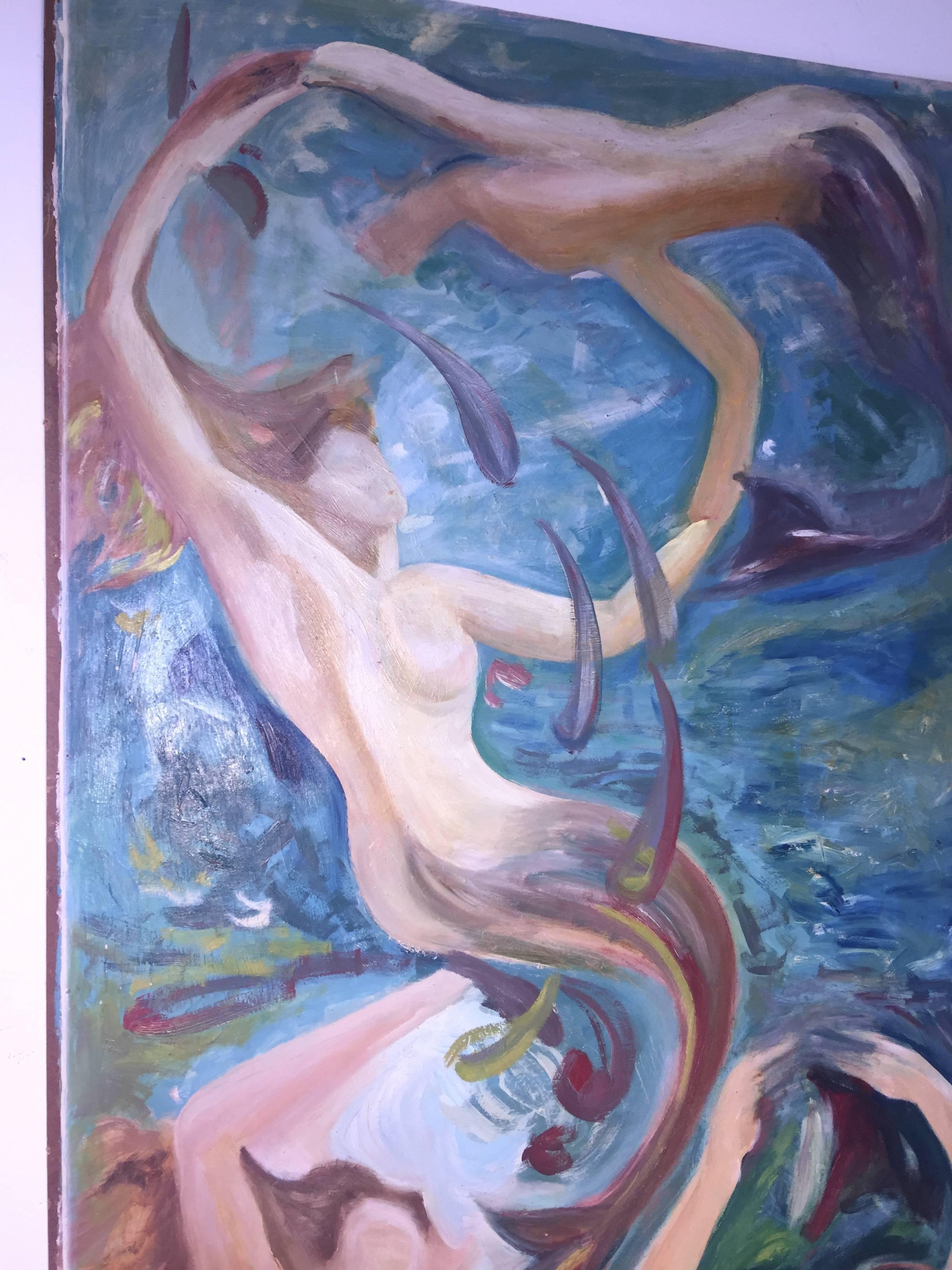 Mid-20th Century Large Scale Signed Midcentury Mermaids Painting For Sale