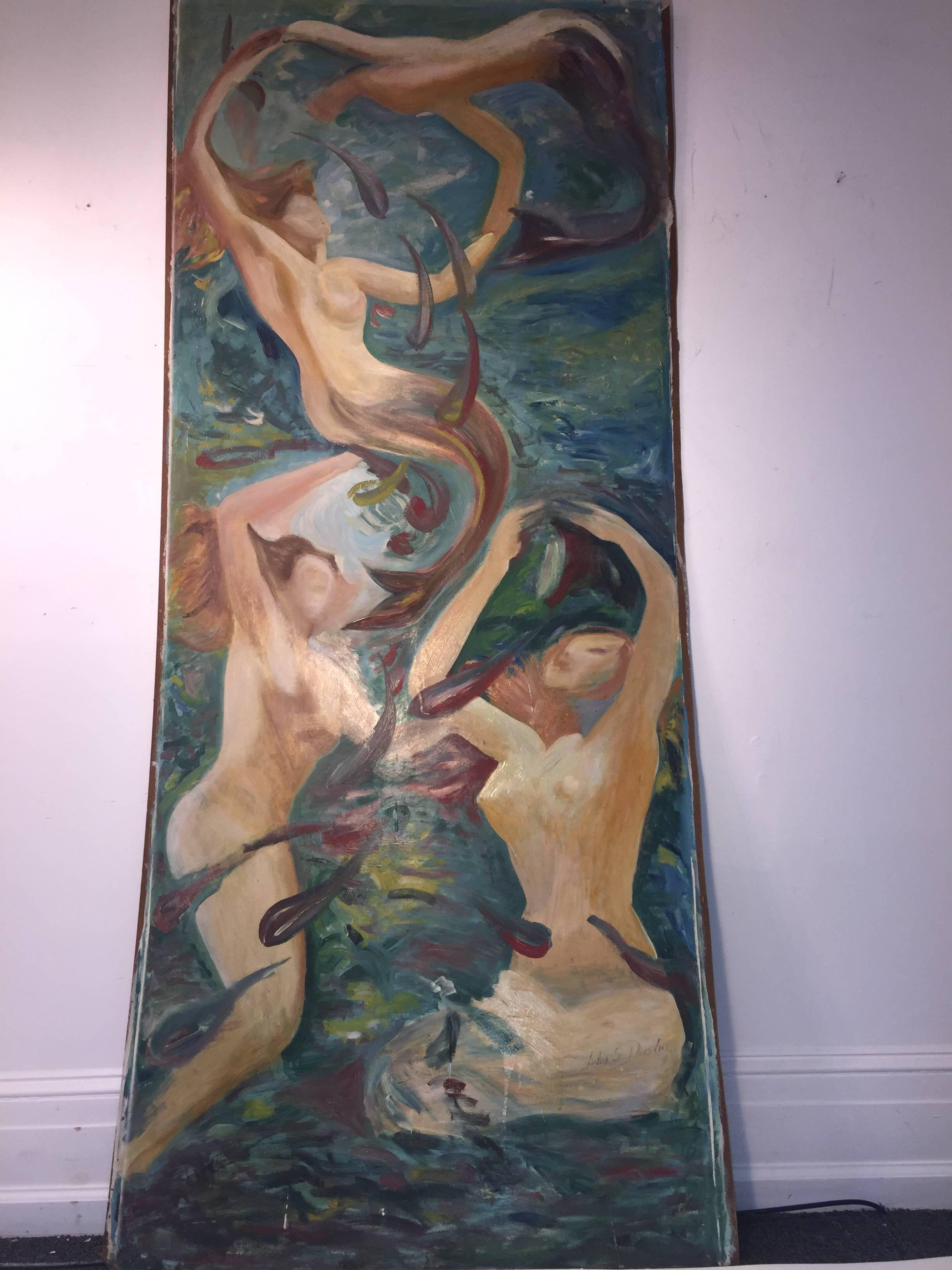 Large Scale Signed Midcentury Mermaids Painting For Sale 1