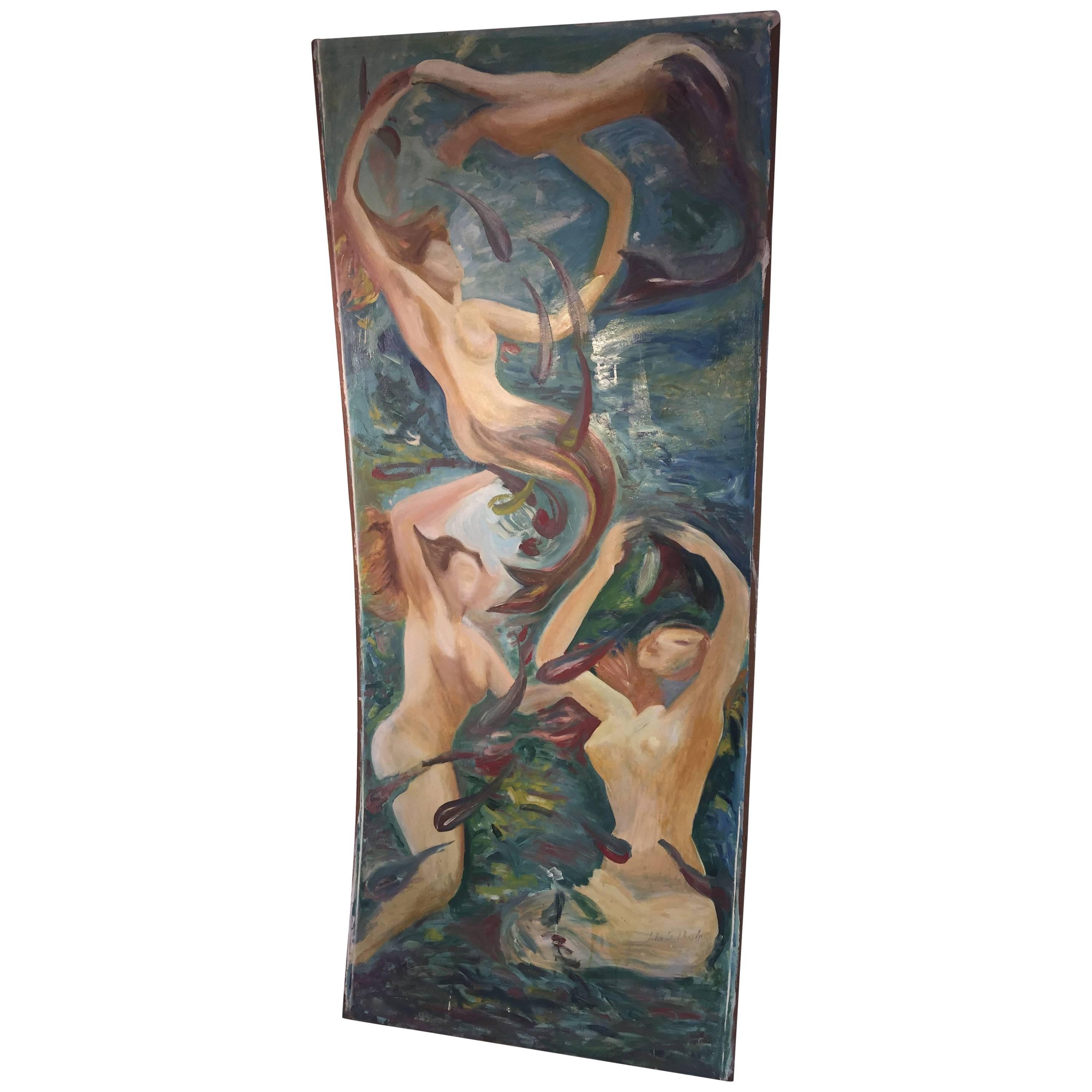Large Scale Signed Midcentury Mermaids Painting For Sale