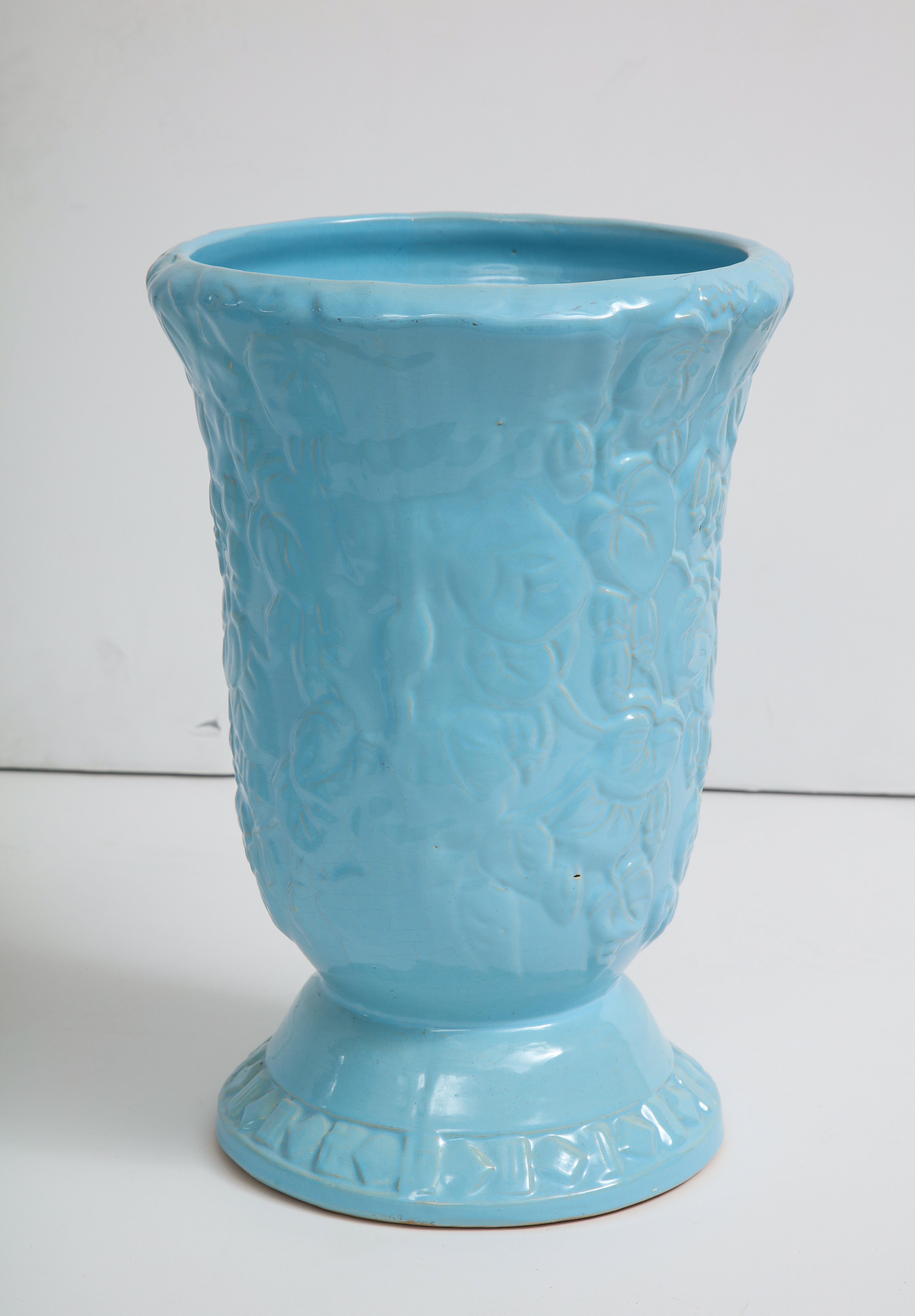 Roseville Large Scale Sky Blue Art Deco Planters, Vases In Excellent Condition In New York, NY