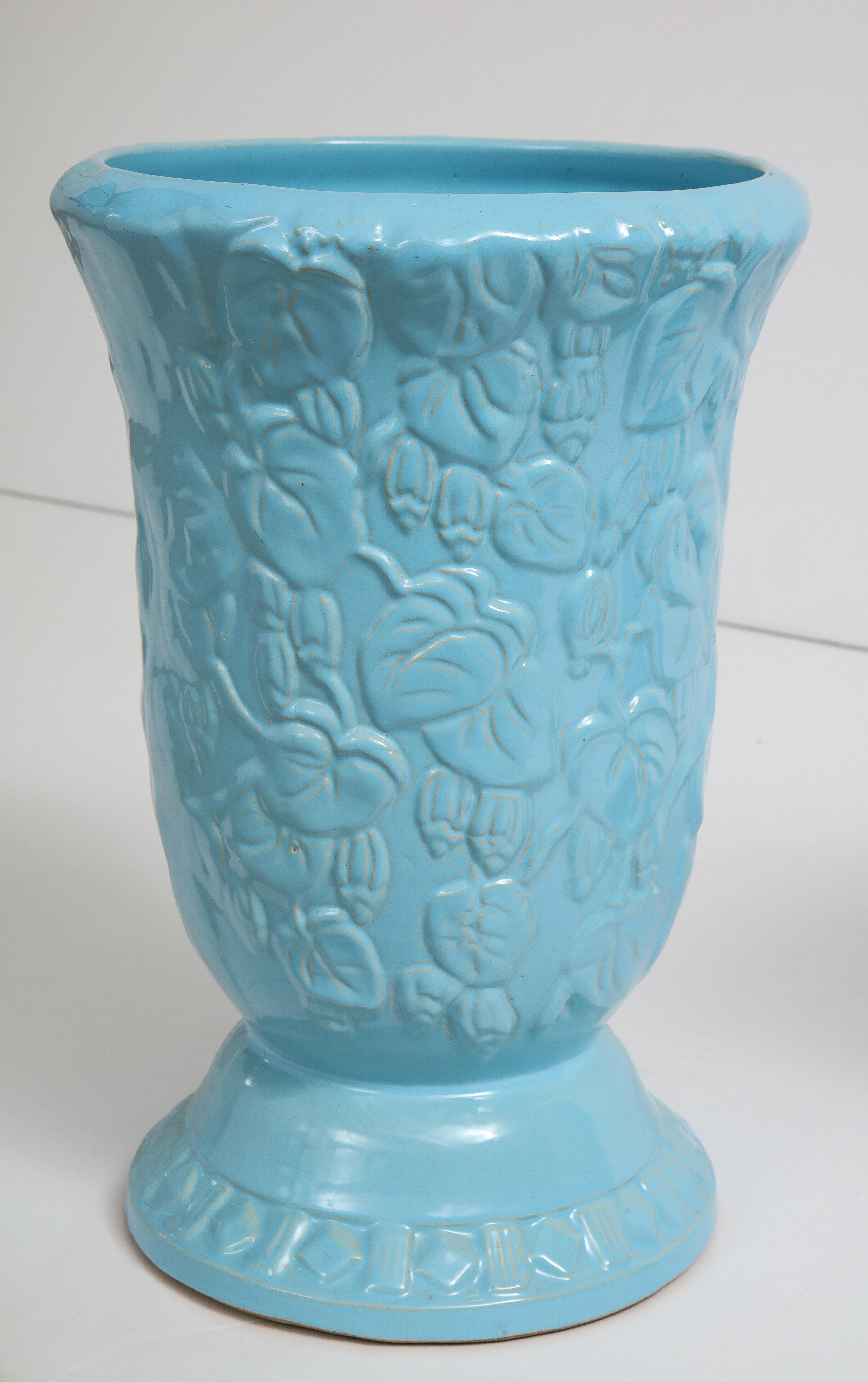 Pottery Roseville Large Scale Sky Blue Art Deco Planters, Vases