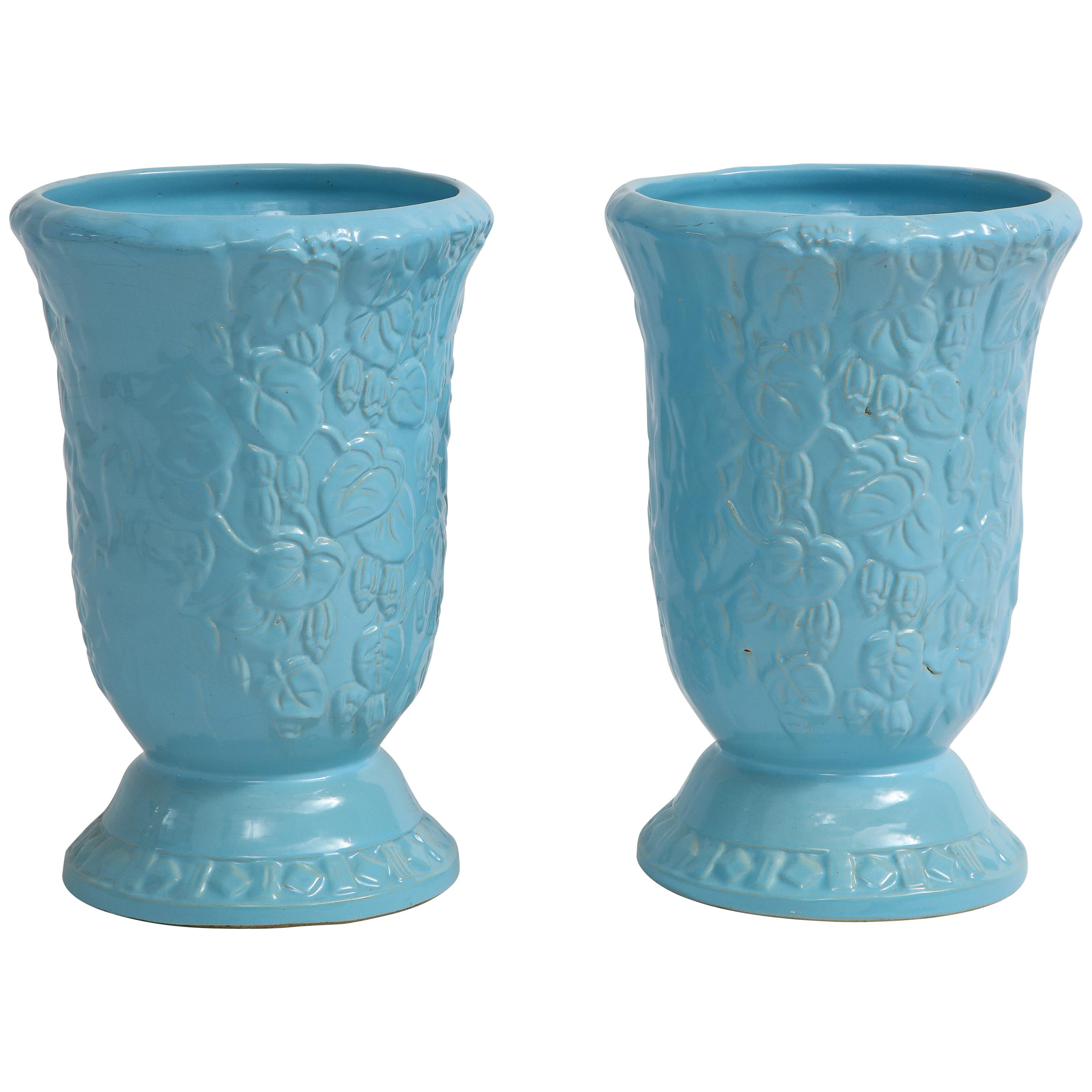 Roseville Large Scale Sky Blue Art Deco Planters, Vases