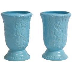 Vintage Roseville Large Scale Sky Blue Art Deco Planters, Vases