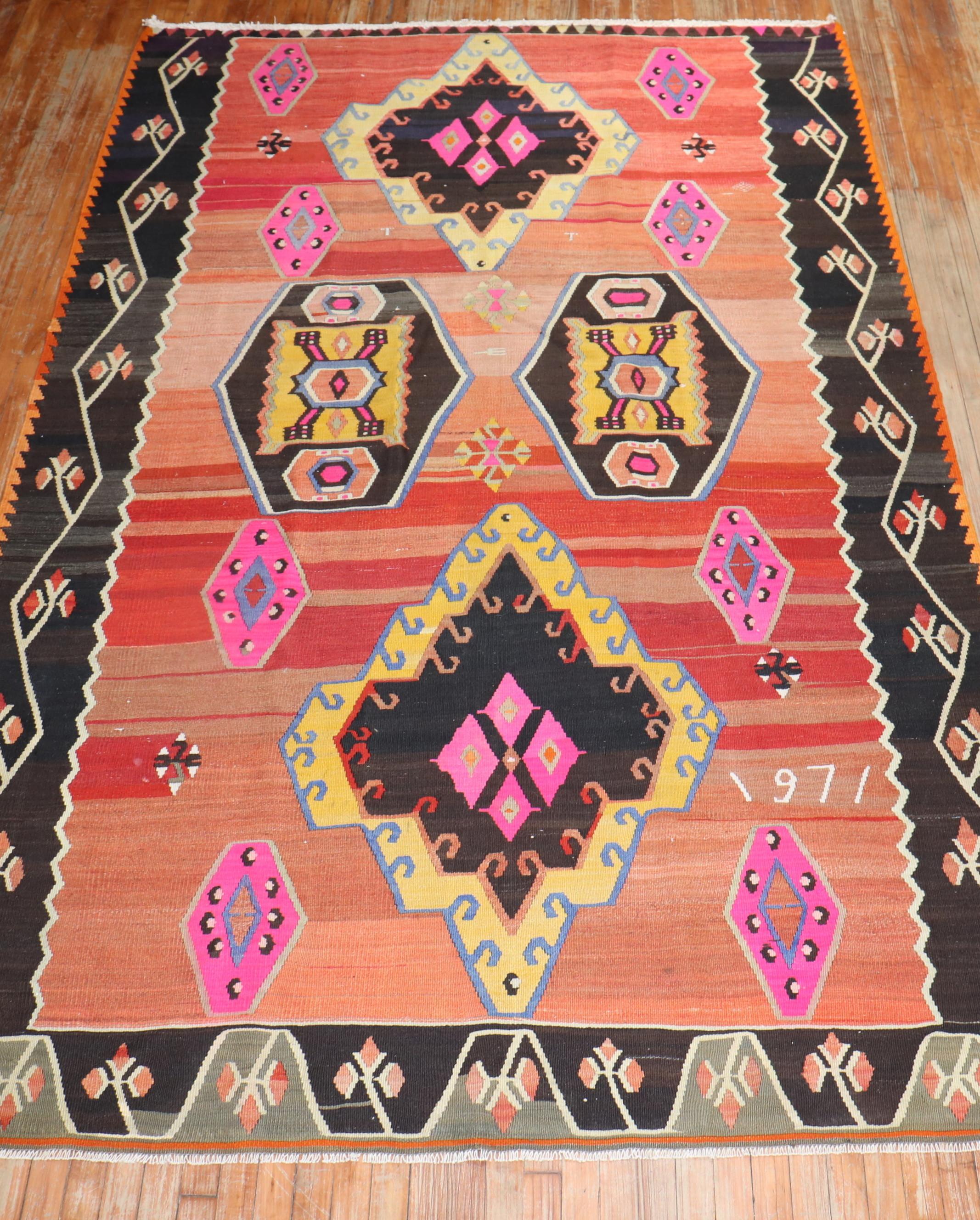 Bohemian Large Scale Small Room Size Turkish Kilim Dated 1971 For Sale