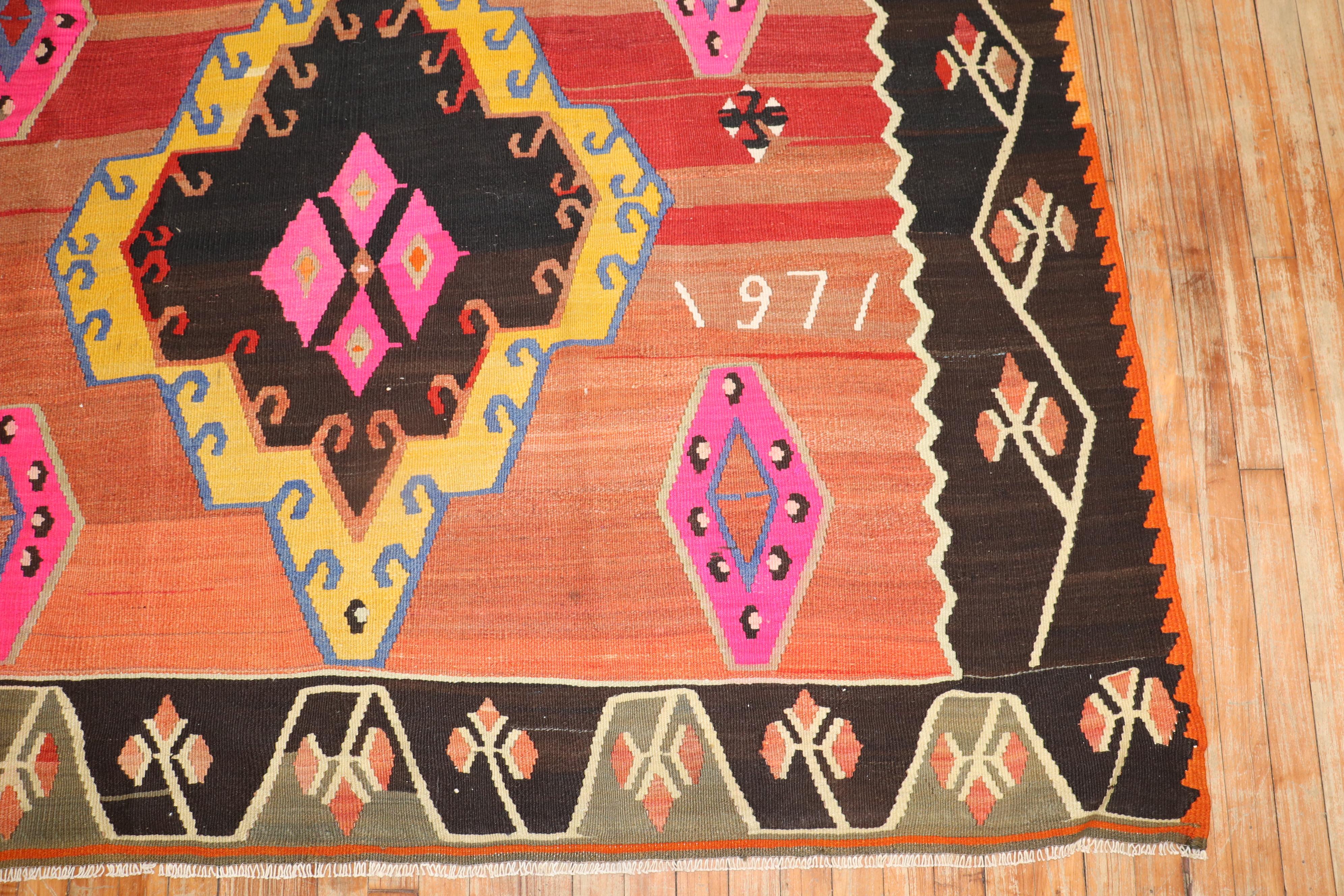 Large Scale Small Room Size Turkish Kilim Dated 1971 For Sale 1