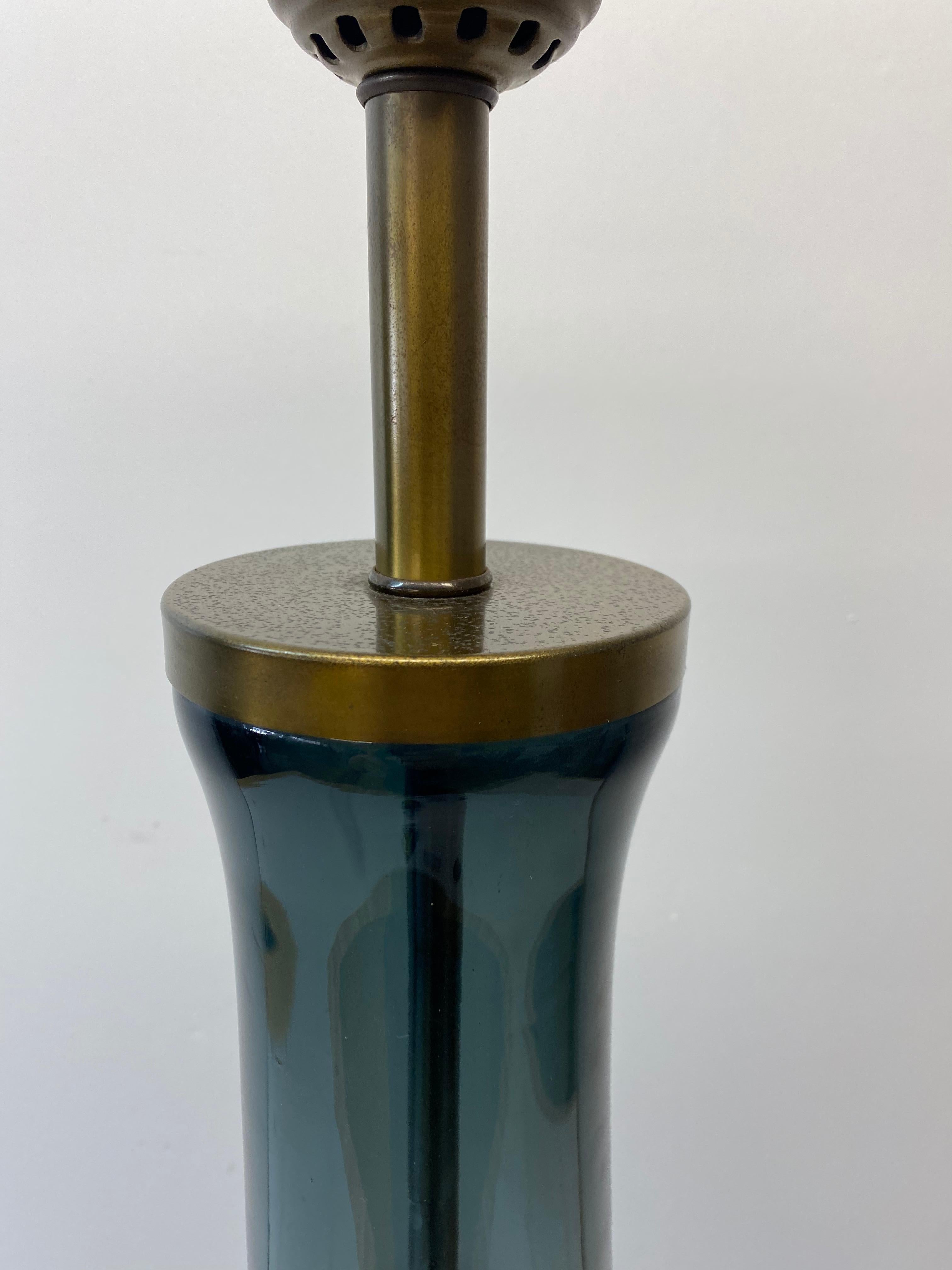 Large Scale Smokey Blue Glass Bottle Lamp by Blenko, C.1960 In Good Condition For Sale In San Francisco, CA
