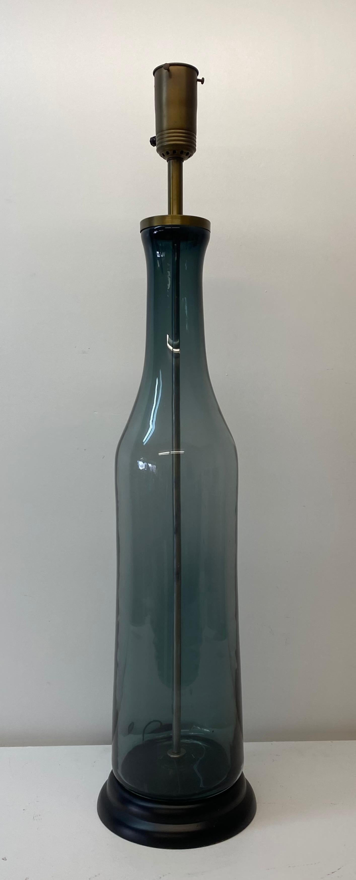 20th Century Large Scale Smokey Blue Glass Bottle Lamp by Blenko, C.1960 For Sale