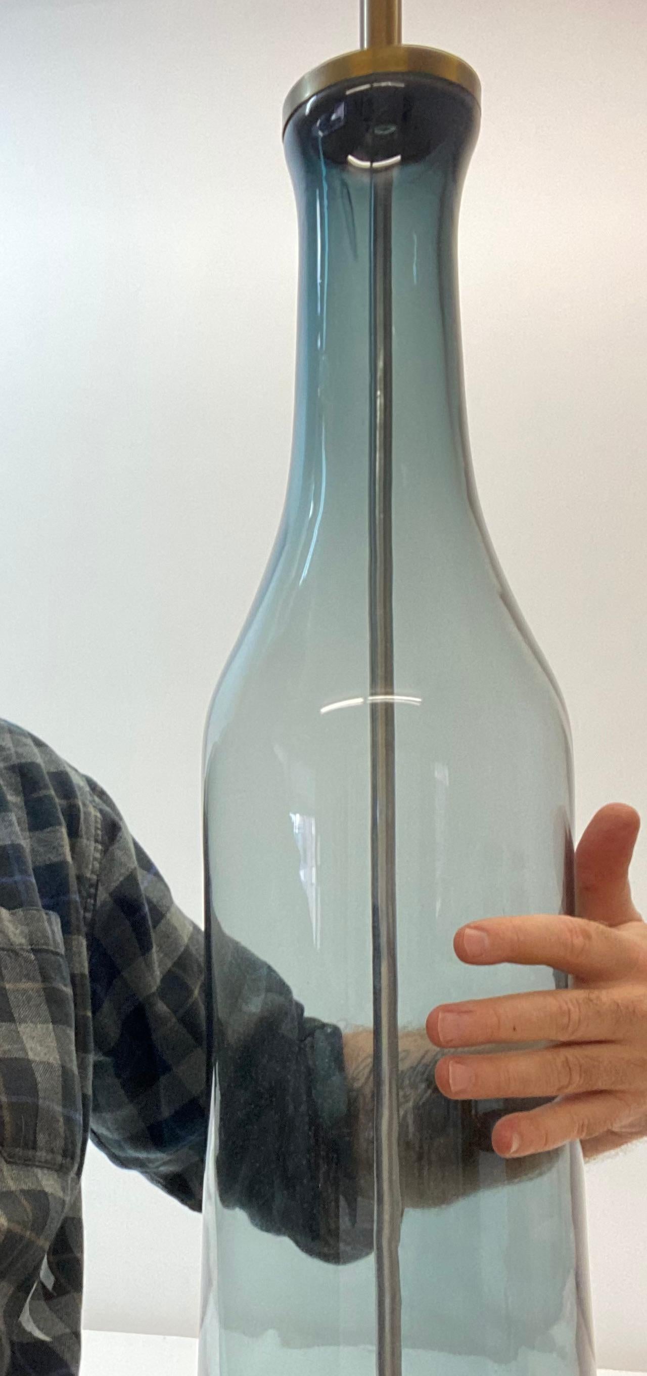 Blown Glass Large Scale Smokey Blue Glass Bottle Lamp by Blenko, C.1960