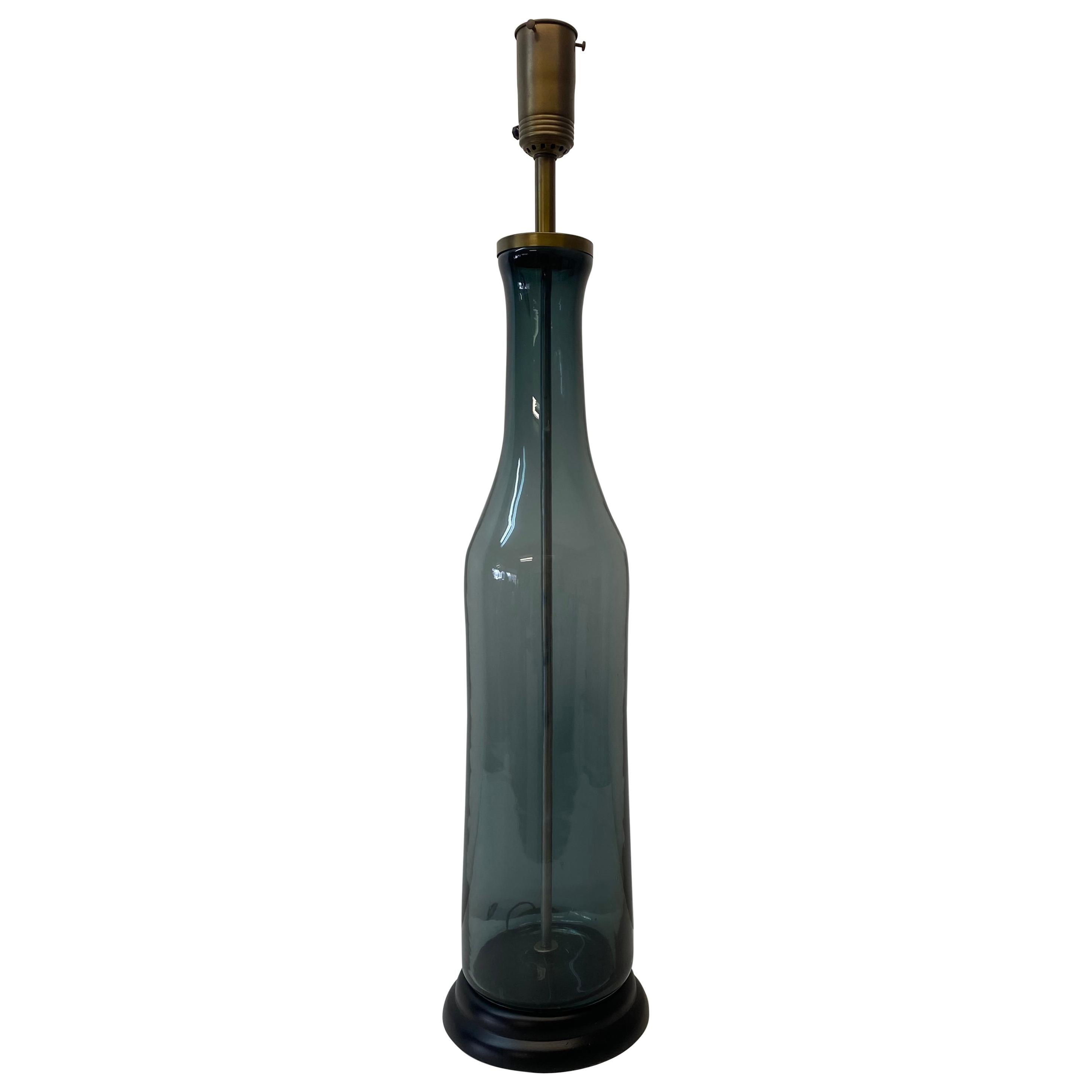 Large Scale Smokey Blue Glass Bottle Lamp by Blenko, C.1960 For Sale