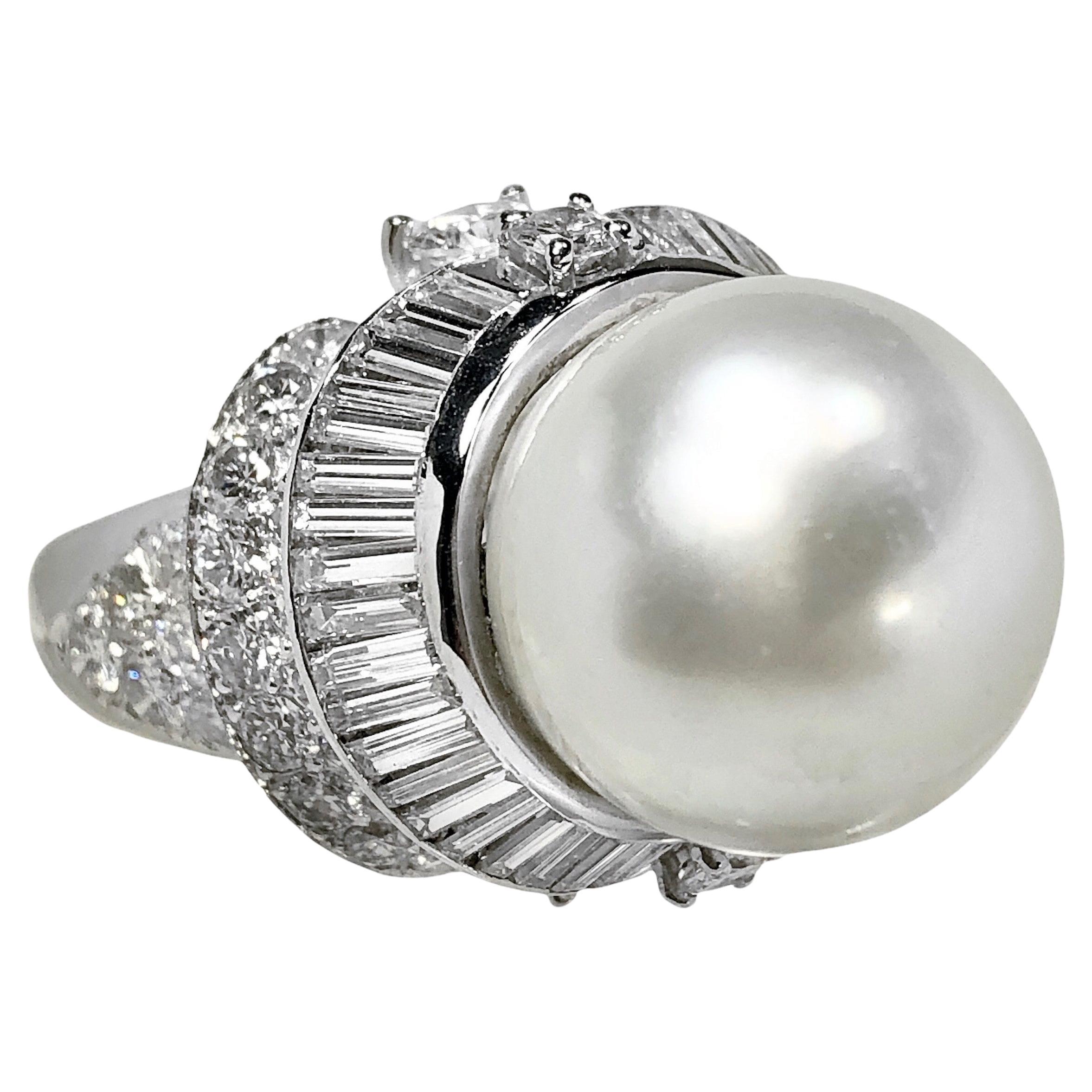 1960's South Sea Pearl Diamond and Platinum Ring For Sale at 1stDibs