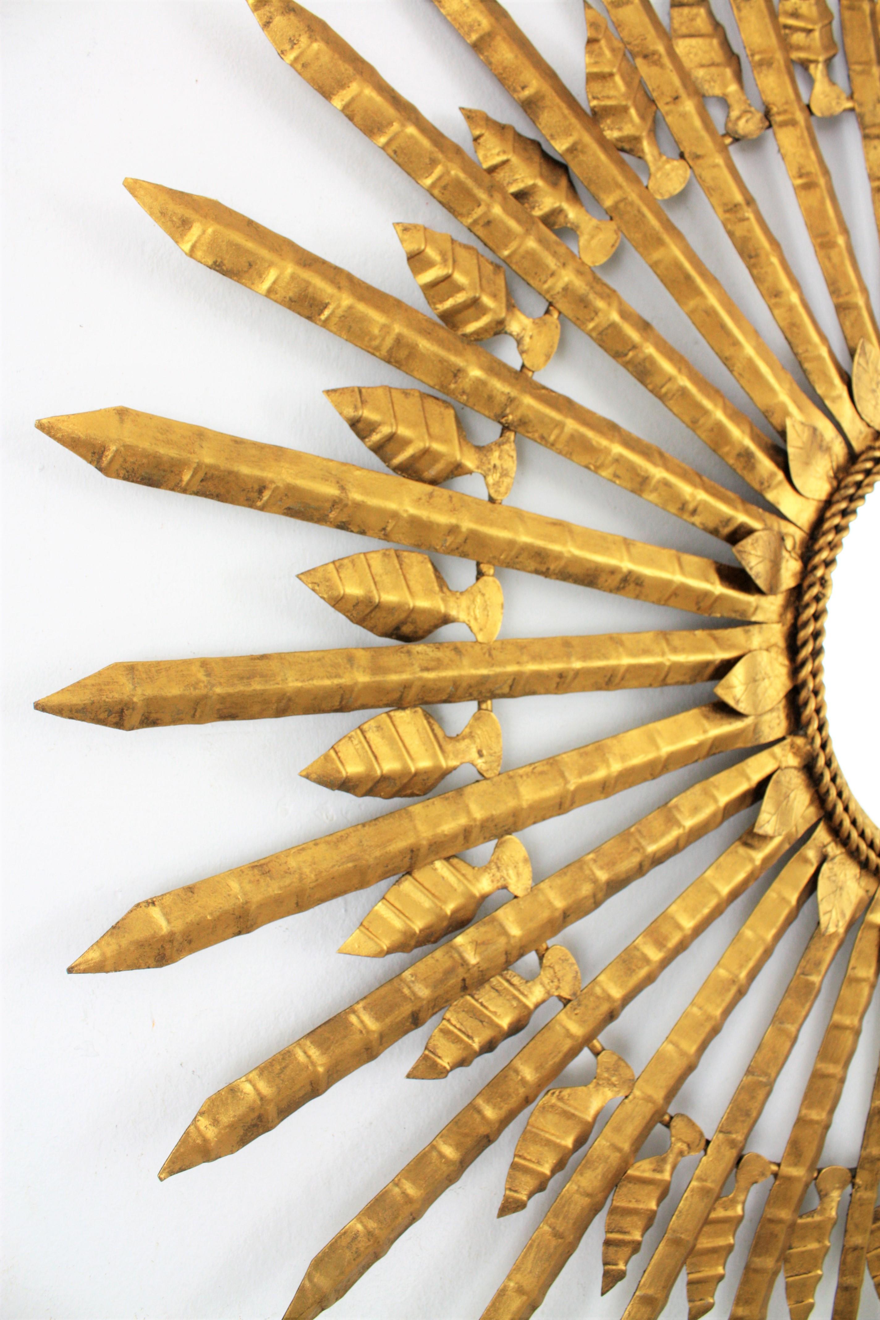 Mid-Century Modern Sunburst Mirror in Gilt Iron, Large Scale (38, 6 inches ) For Sale