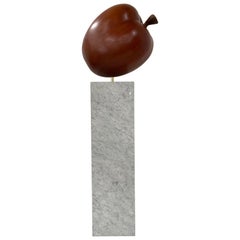 Large-Scale Teak Apple Sculpture on Carrara Marble Pedestal