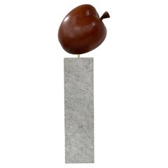 Vintage Large-Scale Teak Apple Sculpture on Carrara Marble Pedestal