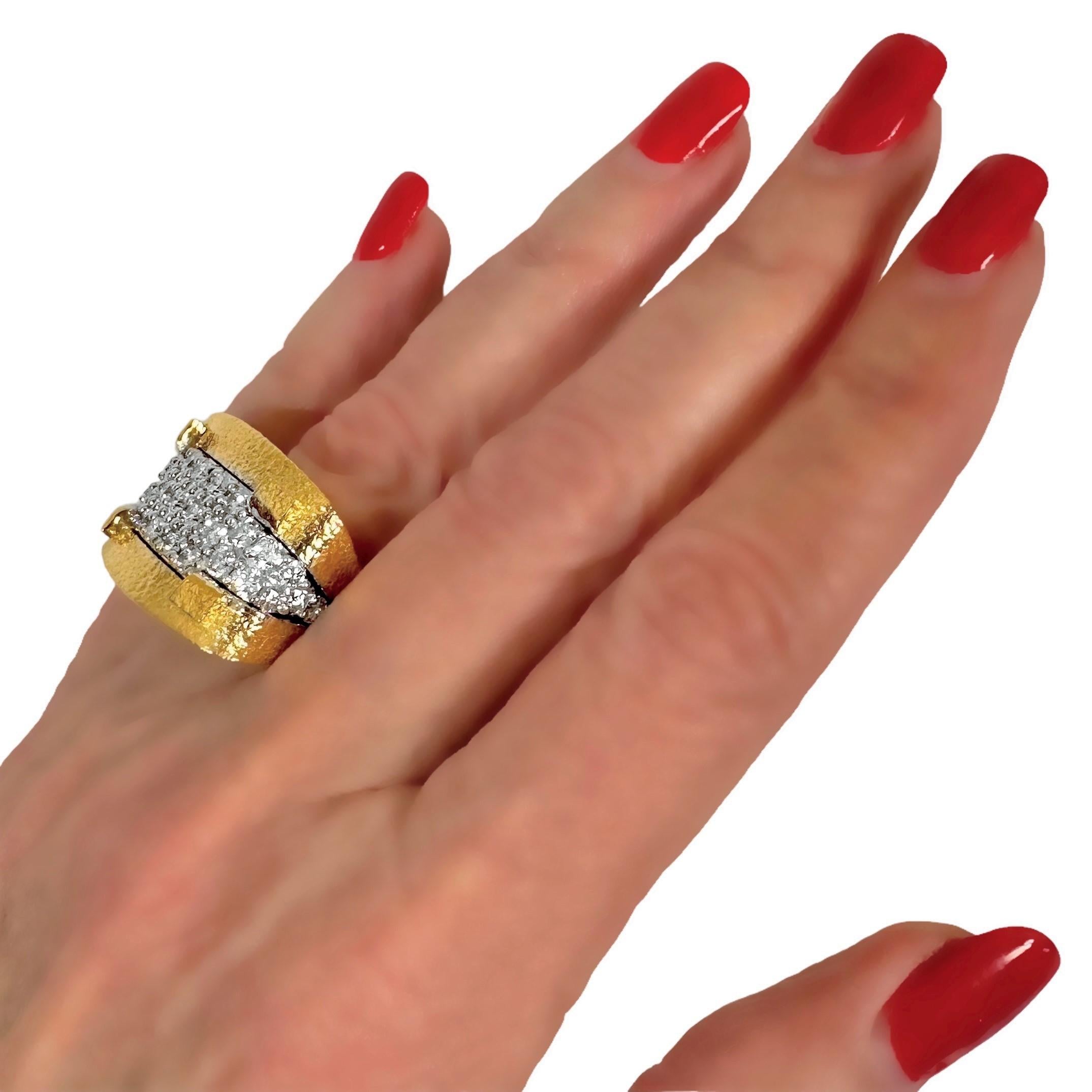 Large Scale, Textured 18k Yellow Gold, Platinum and Diamond, Architectural Ring For Sale 4