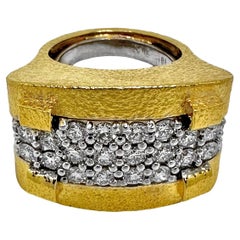 Large Scale, Textured 18k Yellow Gold, Platinum and Diamond, Architectural Ring