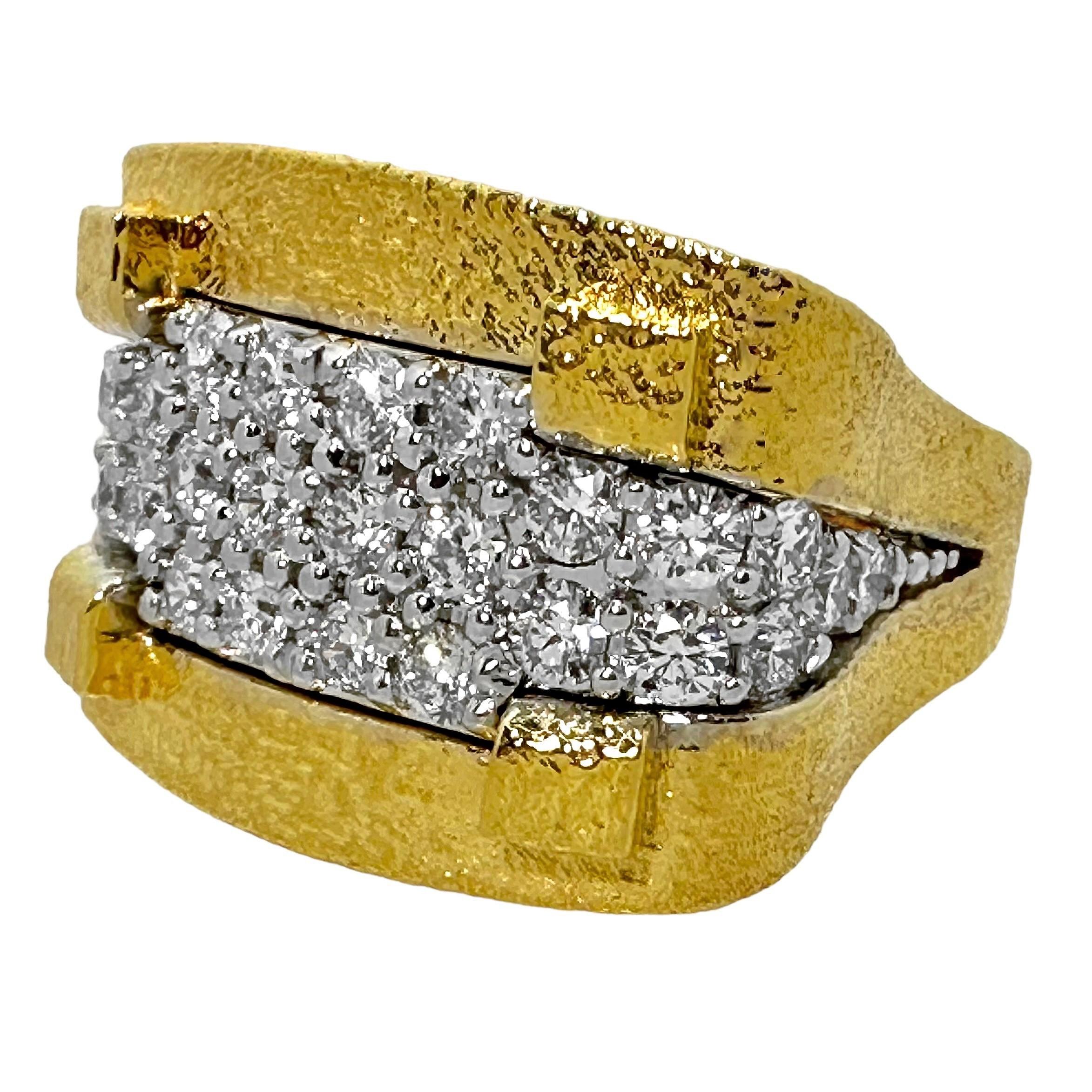 Brilliant Cut Large Scale, Textured 18k Yellow Gold, Platinum and Diamond, Architectural Ring For Sale