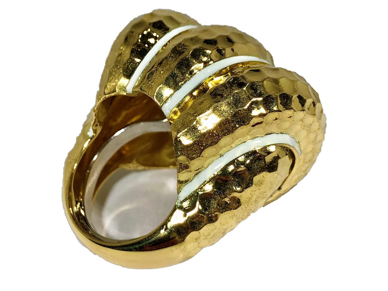 Women's Large Scale Three Section Bombee Hammered Gold Ring with White Enamel Stripes For Sale