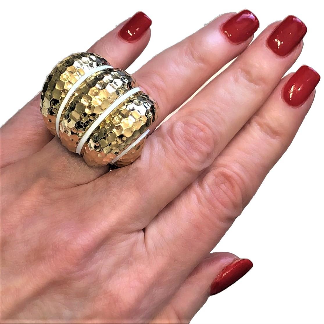 Large Scale Three Section Bombee Hammered Gold Ring with White Enamel Stripes For Sale 4