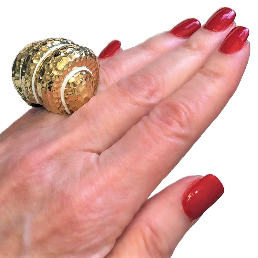 Large Scale Three Section Bombee Hammered Gold Ring with White Enamel Stripes For Sale 5