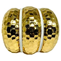 Large Scale Three Section Bombee Hammered Gold Ring with White Enamel Stripes