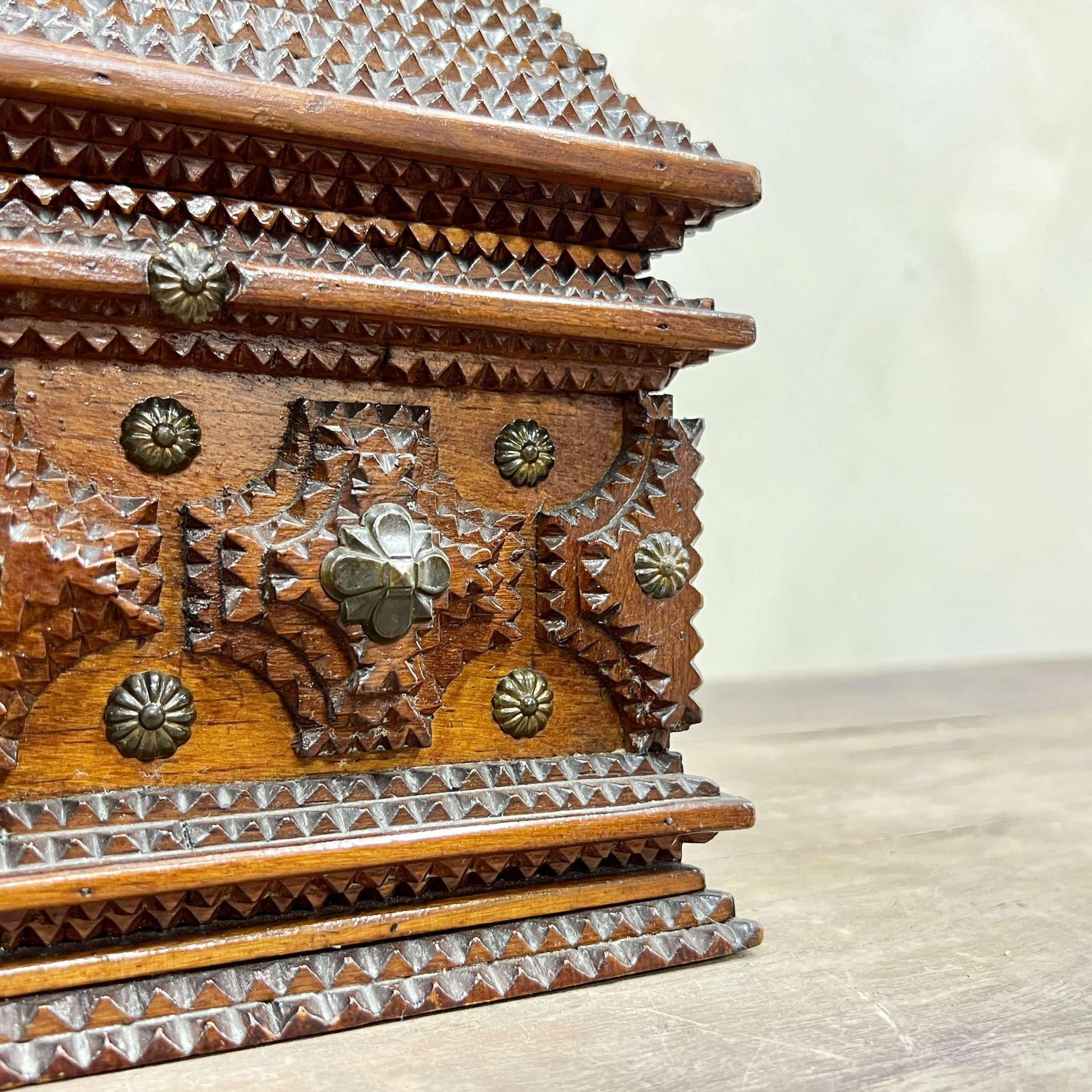 Hand-Carved Large Scale Tramp Art Jewellery/Sewing Box
