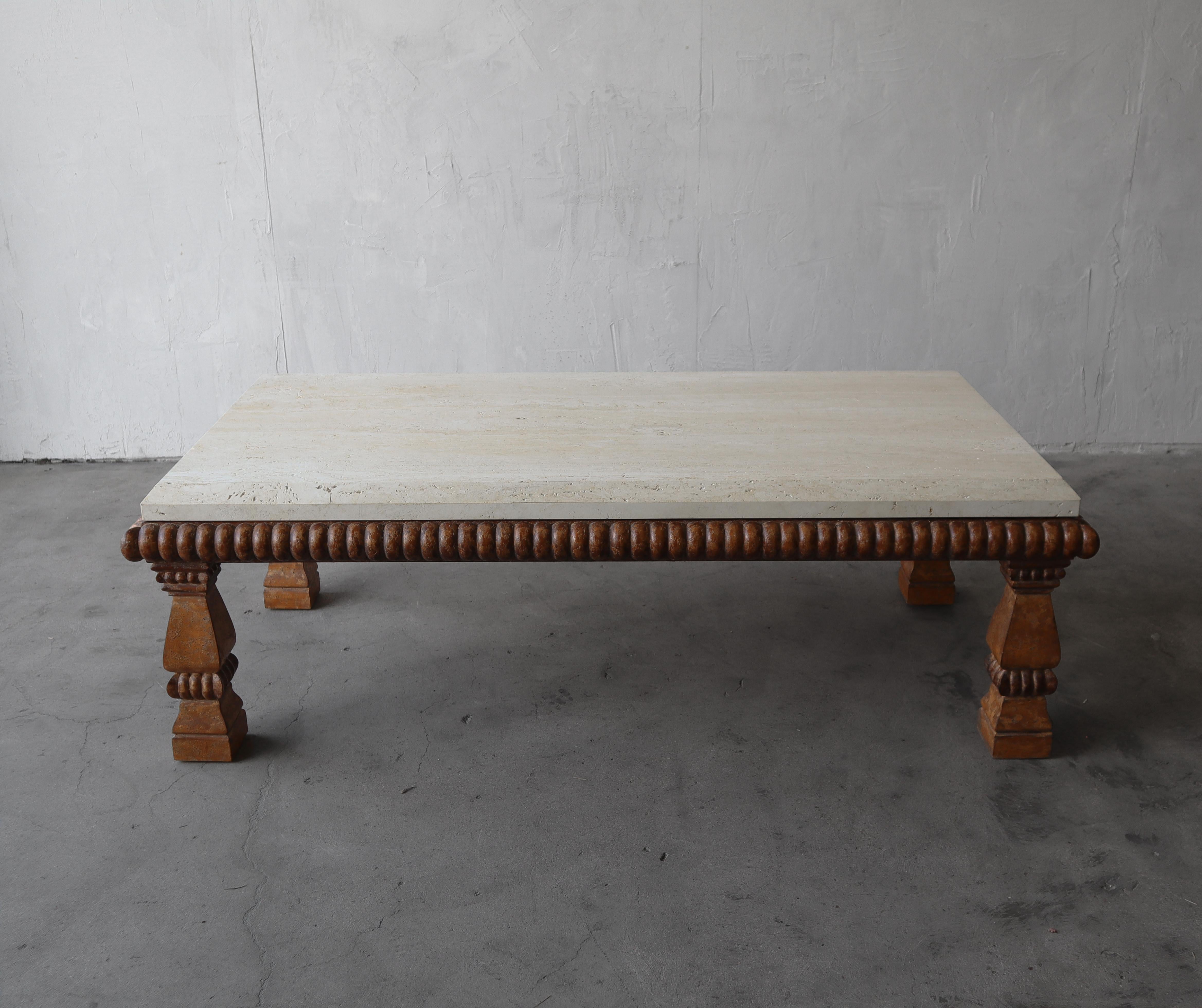 Large Scale Travertine and Carved Wood Coffee Table by Kreiss In Good Condition In Las Vegas, NV