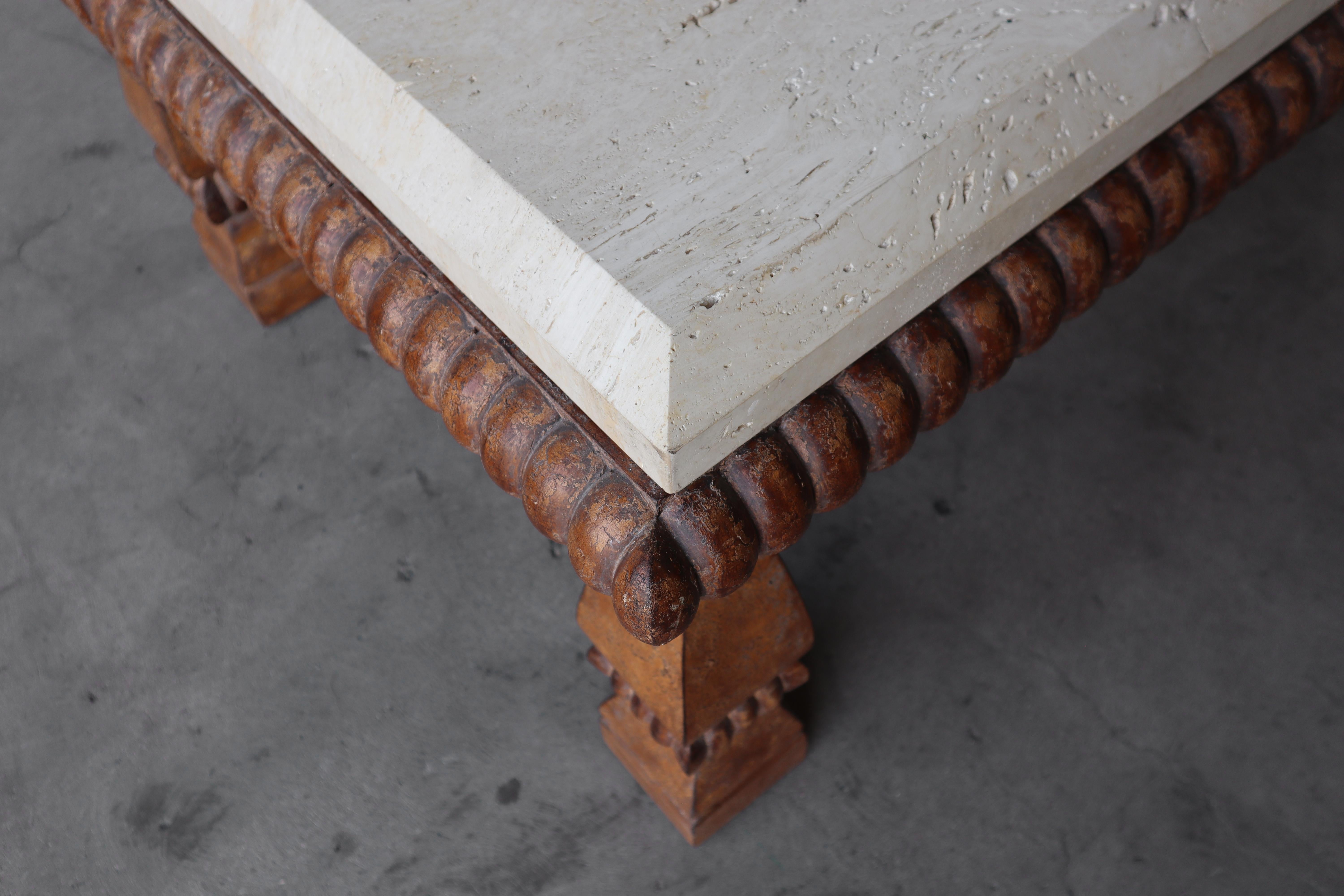 20th Century Large Scale Travertine and Carved Wood Coffee Table by Kreiss