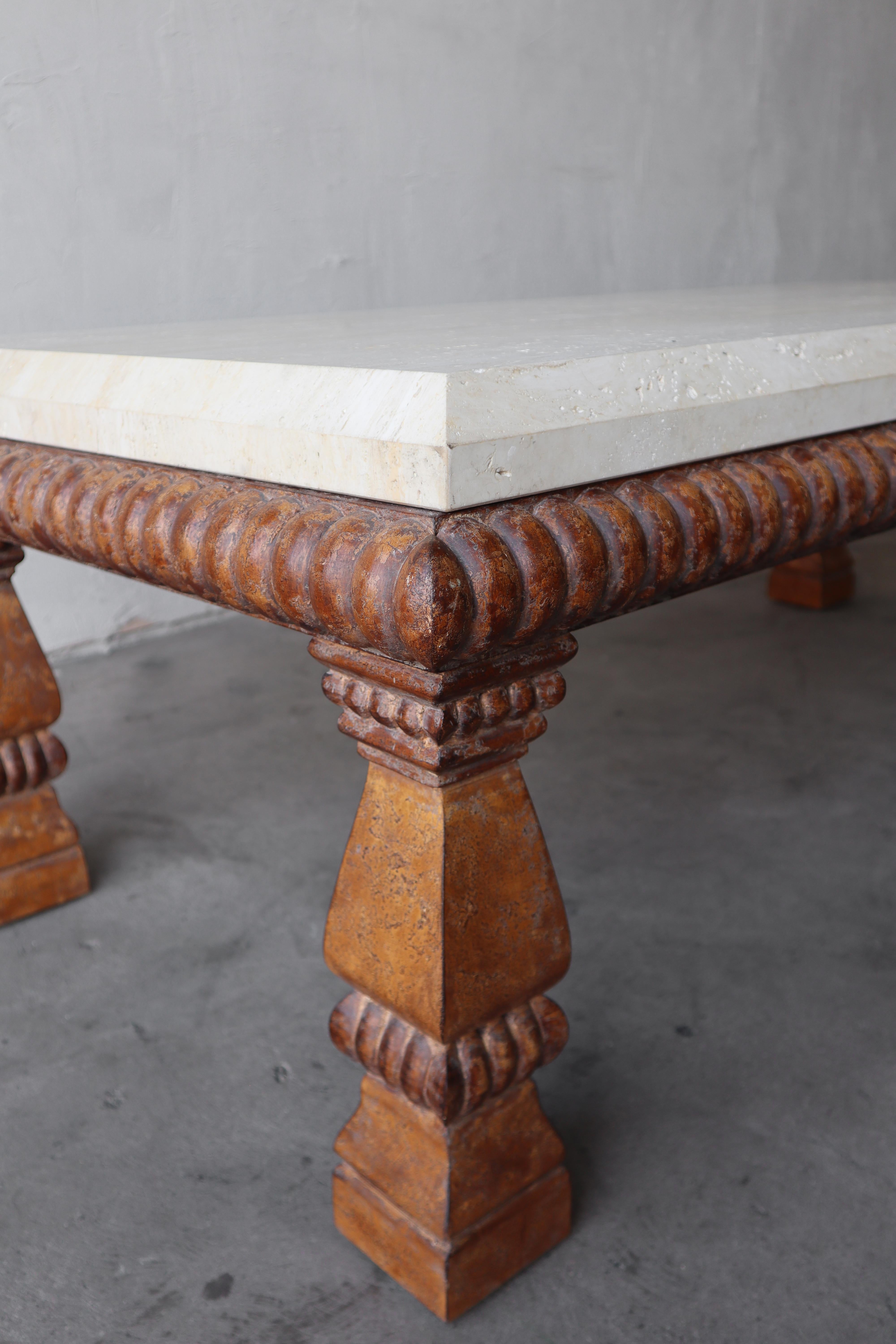 Large Scale Travertine and Carved Wood Coffee Table by Kreiss 1